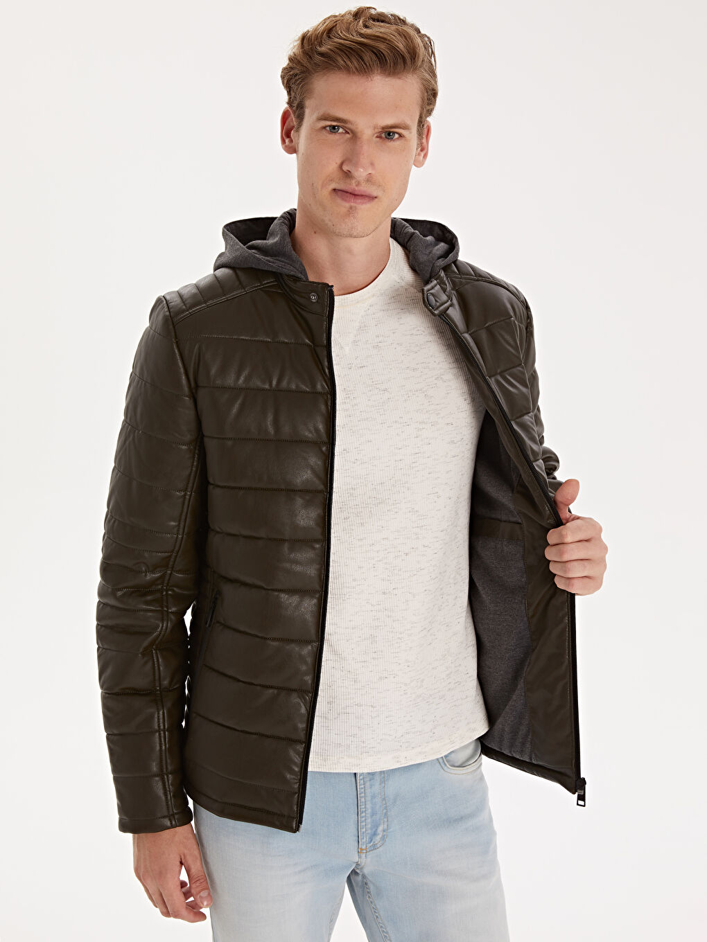 Haki Dik Yaka Erkek Deri Görünümlü Mont-2