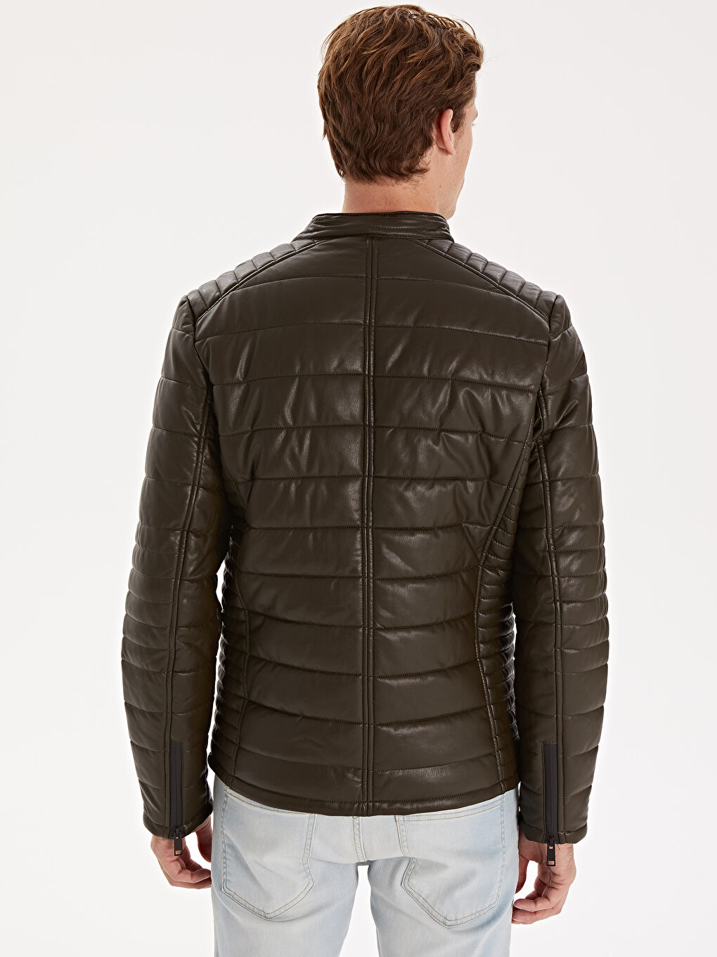 Haki Dik Yaka Erkek Deri Görünümlü Mont-3