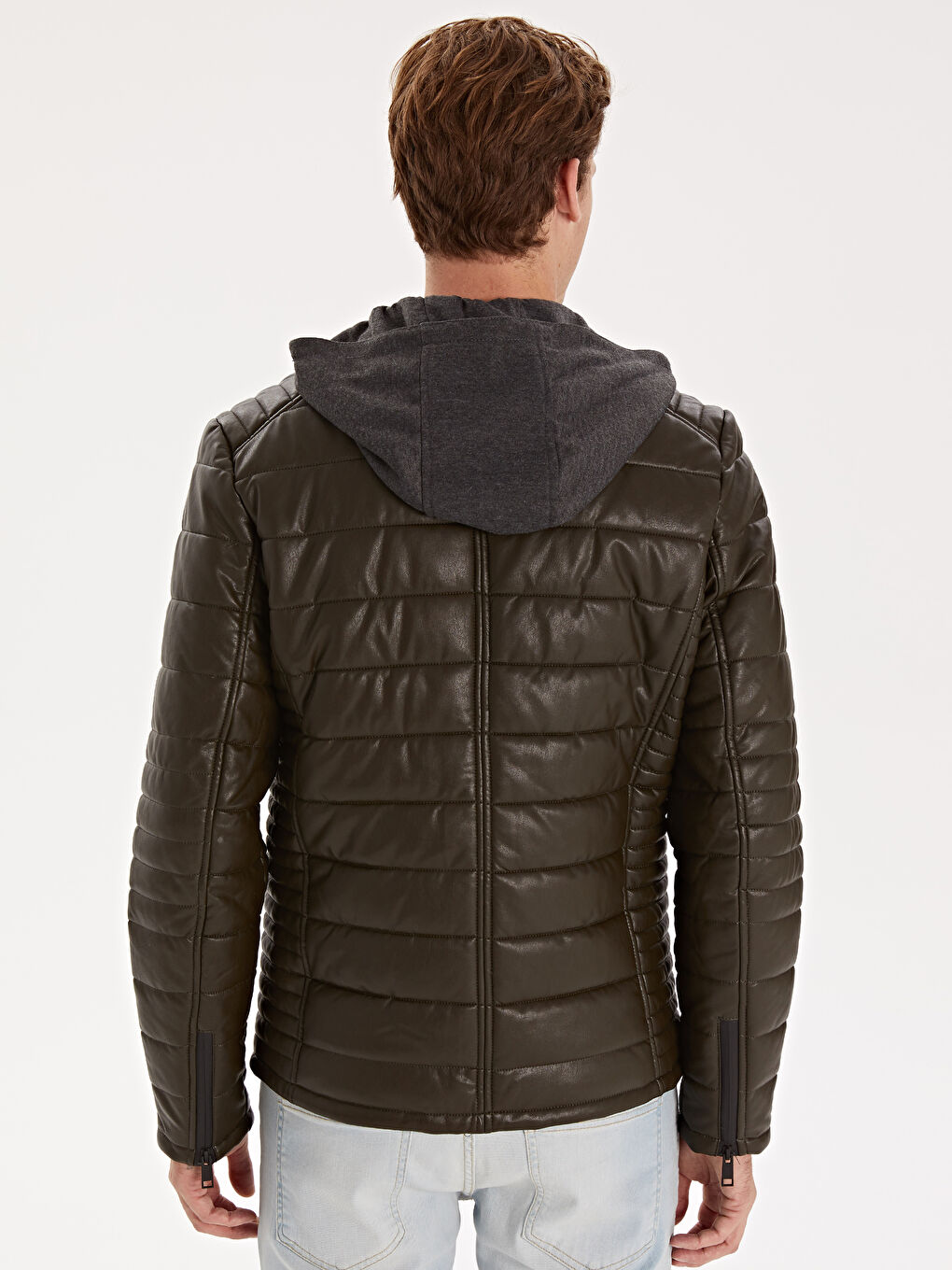 Haki Dik Yaka Erkek Deri Görünümlü Mont-4