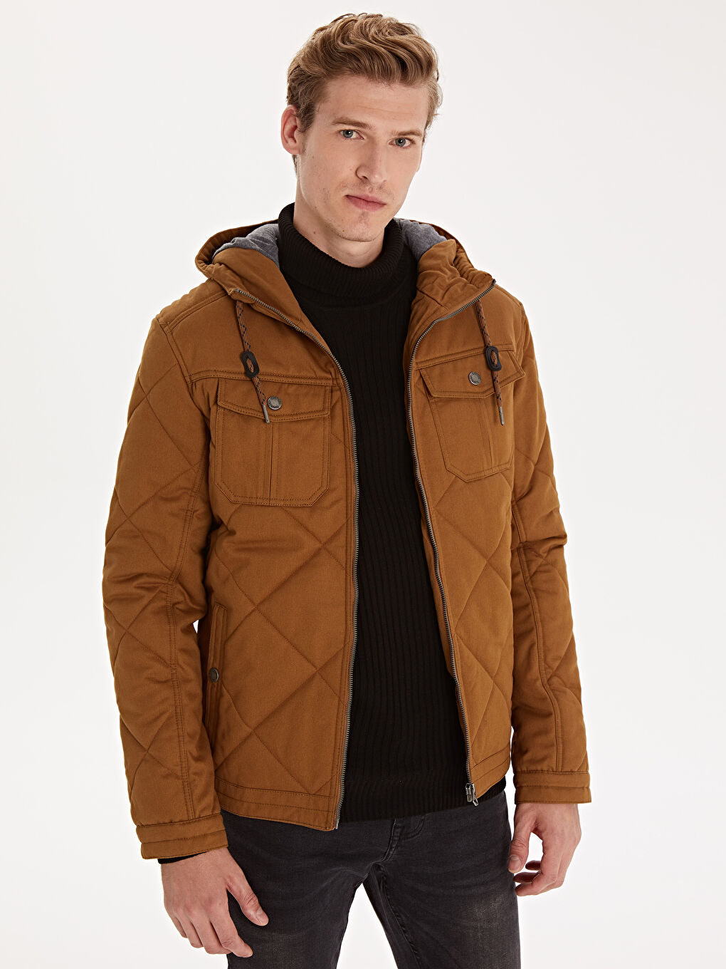 Bej Dik Yaka Erkek Şişme Mont