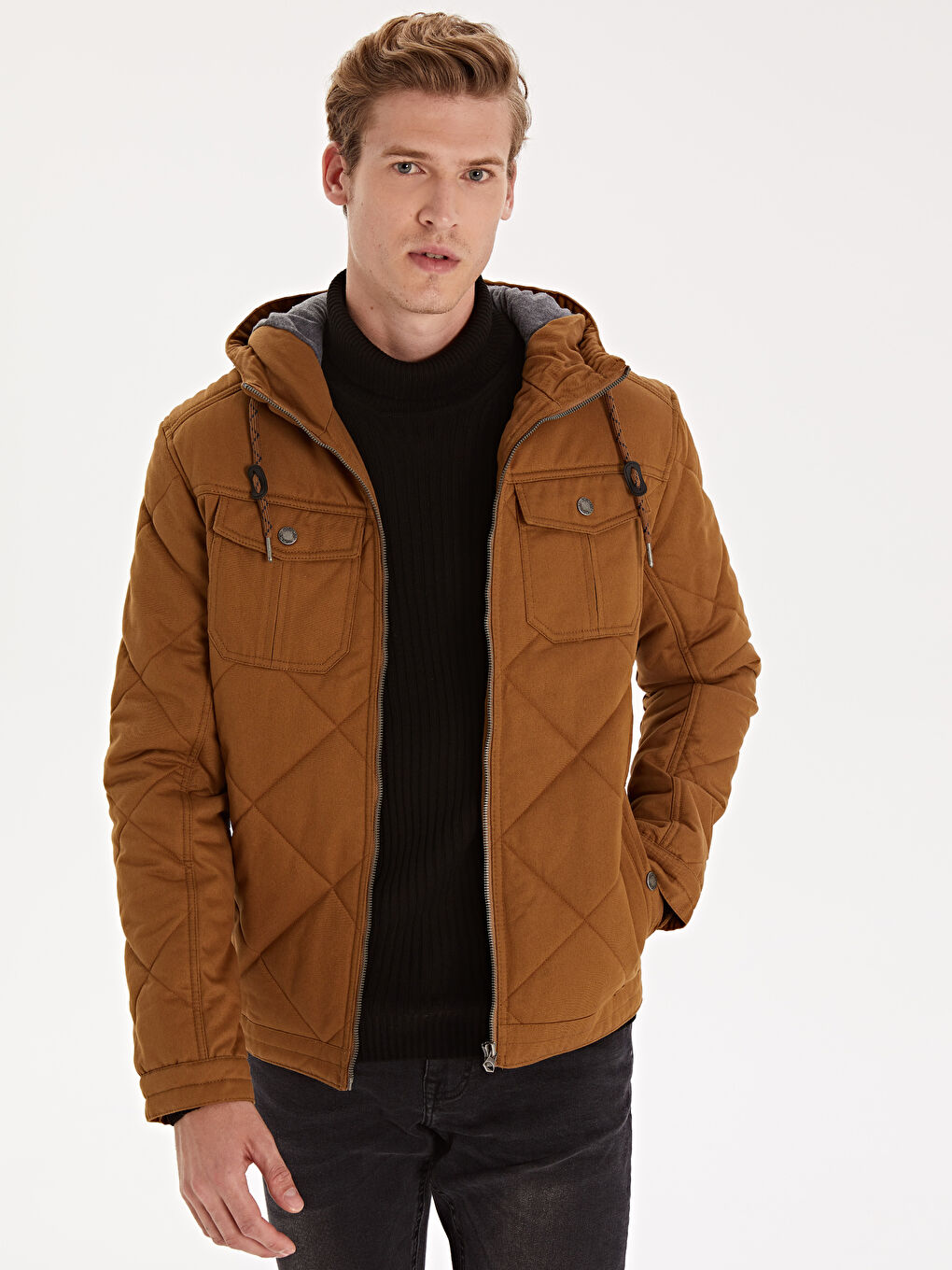 Bej Dik Yaka Erkek Şişme Mont-1