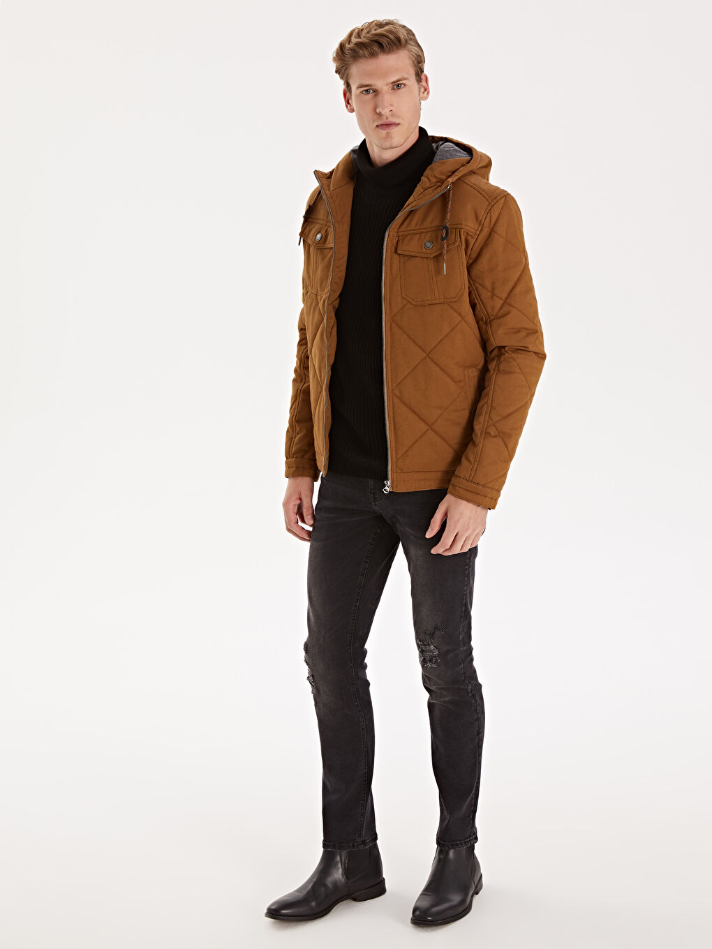 Bej Dik Yaka Erkek Şişme Mont-3