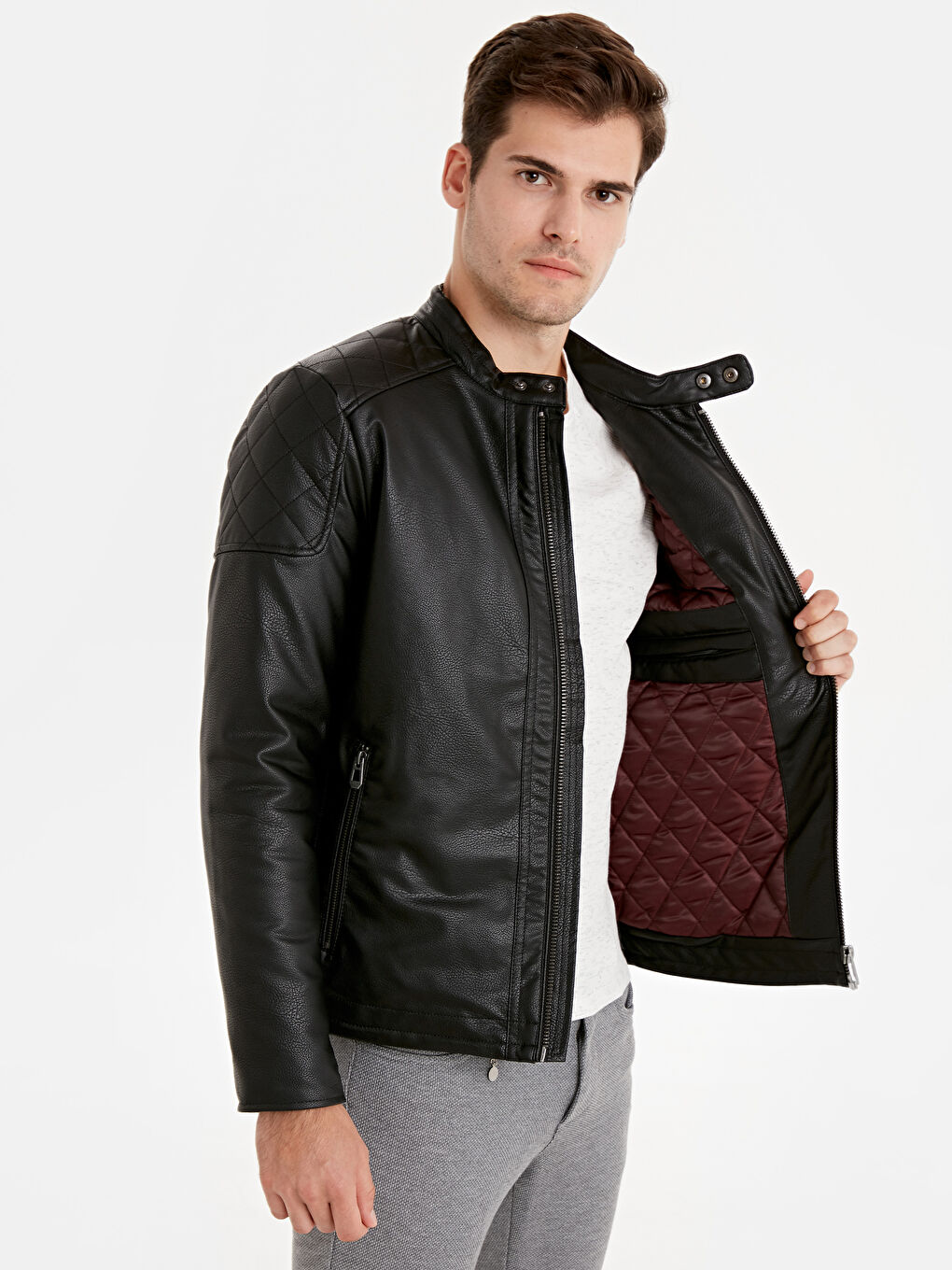 Siyah Erkek Deri Görünümlü Mont-3