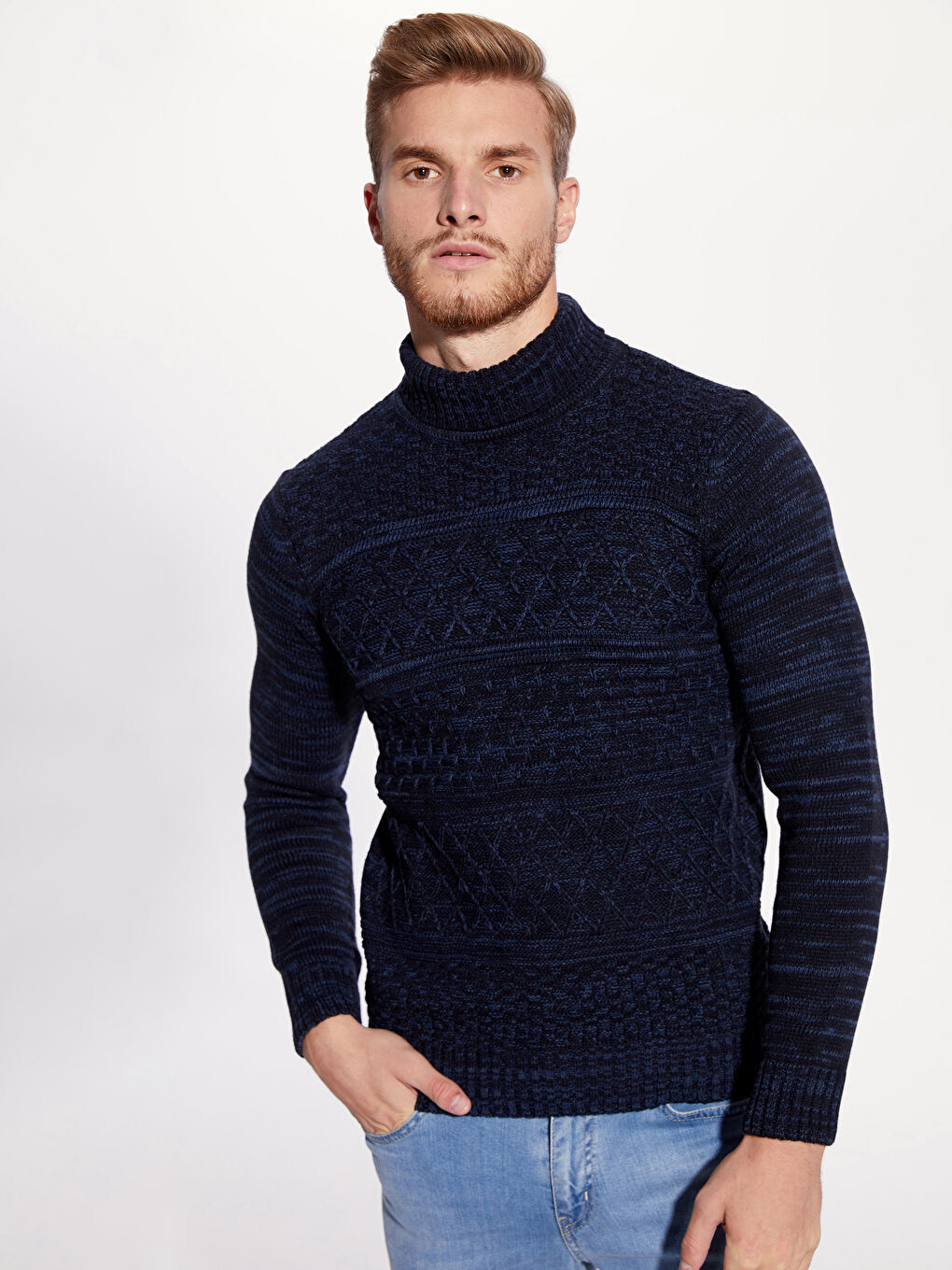 Lacivert Balıkçı Yaka Erkek Triko Kazak-1