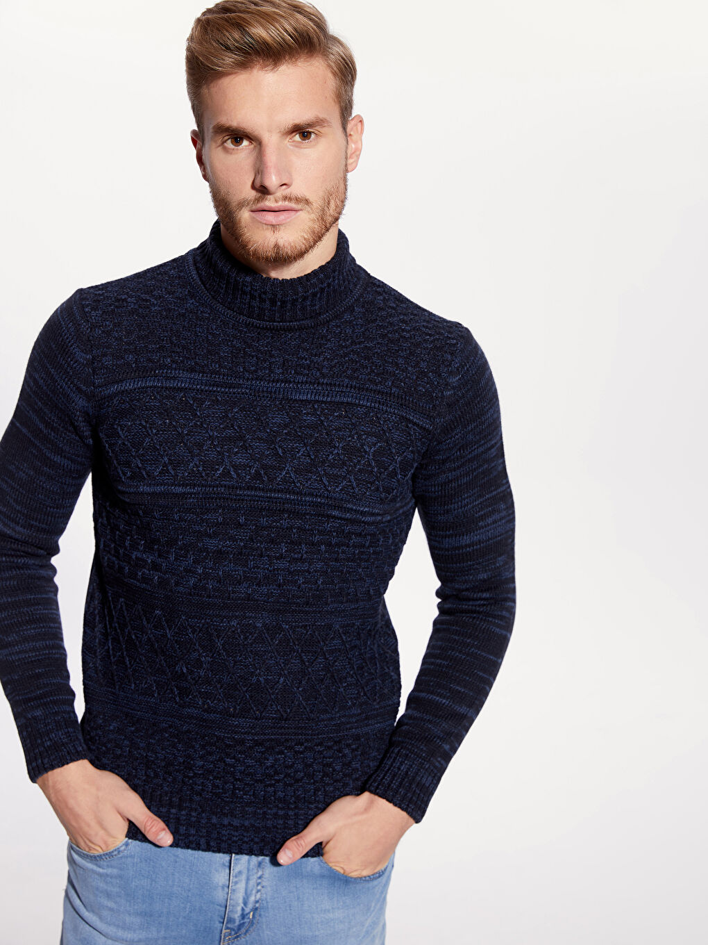 Lacivert Balıkçı Yaka Erkek Triko Kazak-2