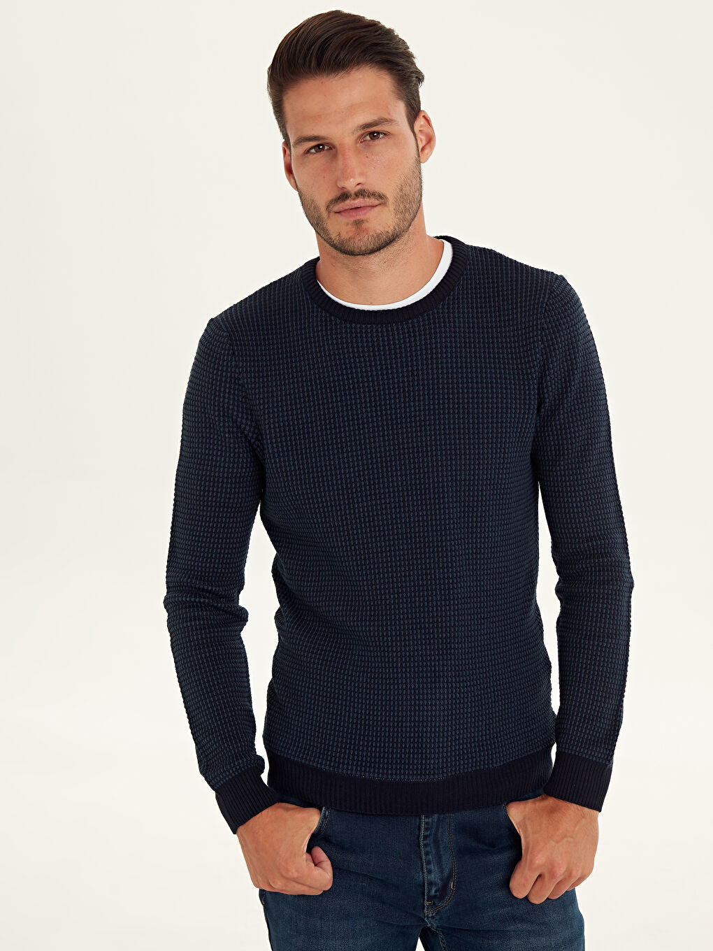 Crew Neck Long Sleeve Men's Tricot Sweater-1