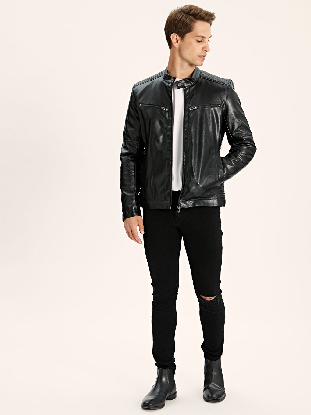 Siyah Erkek Deri Görünümlü Mont-3