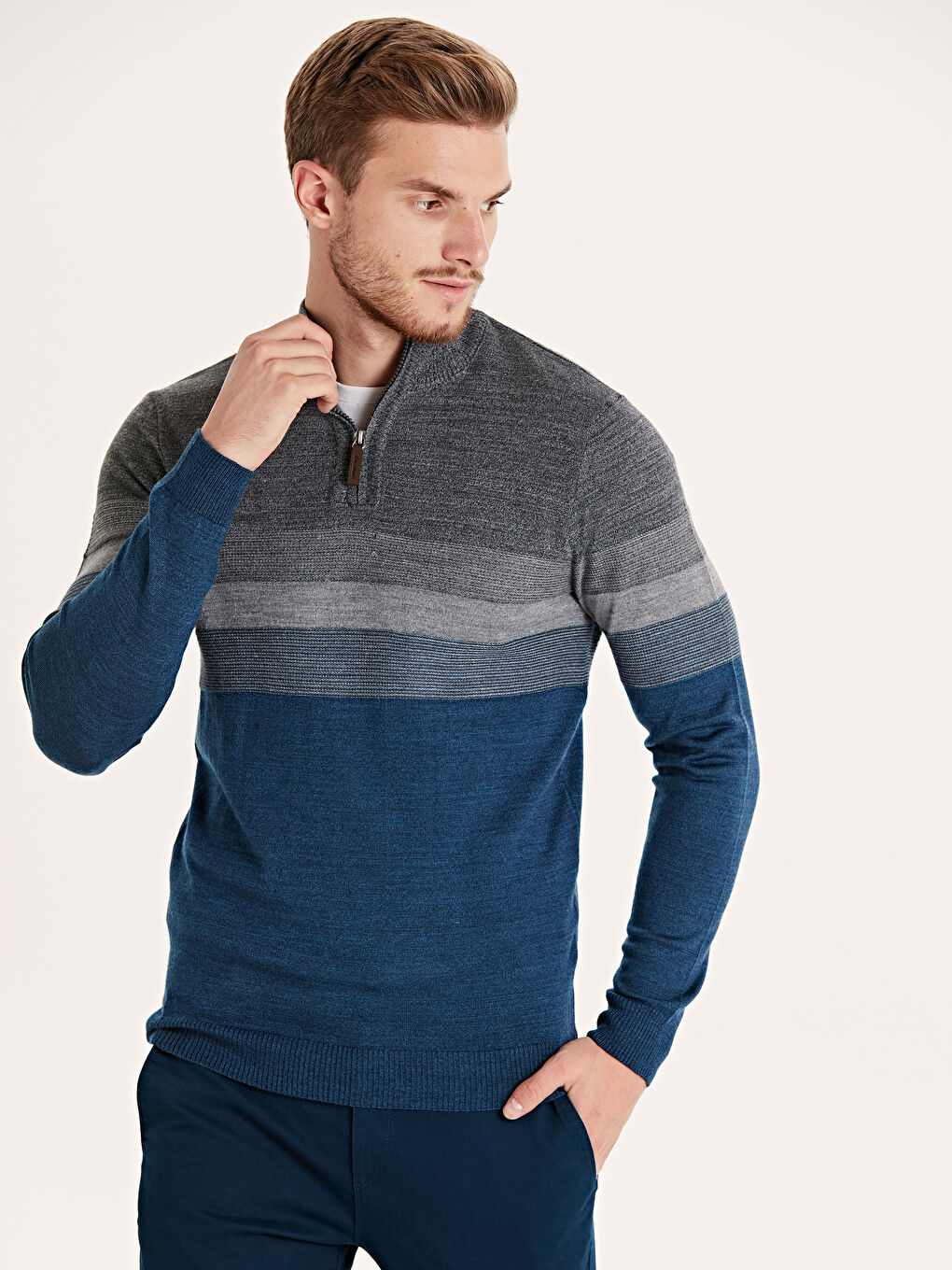 İndigo Dik Yaka Erkek Triko Kazak-1