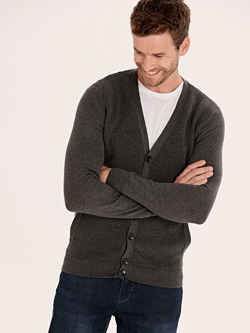 Gri Standart Kalıp V Yaka Erkek Triko Hırka-1