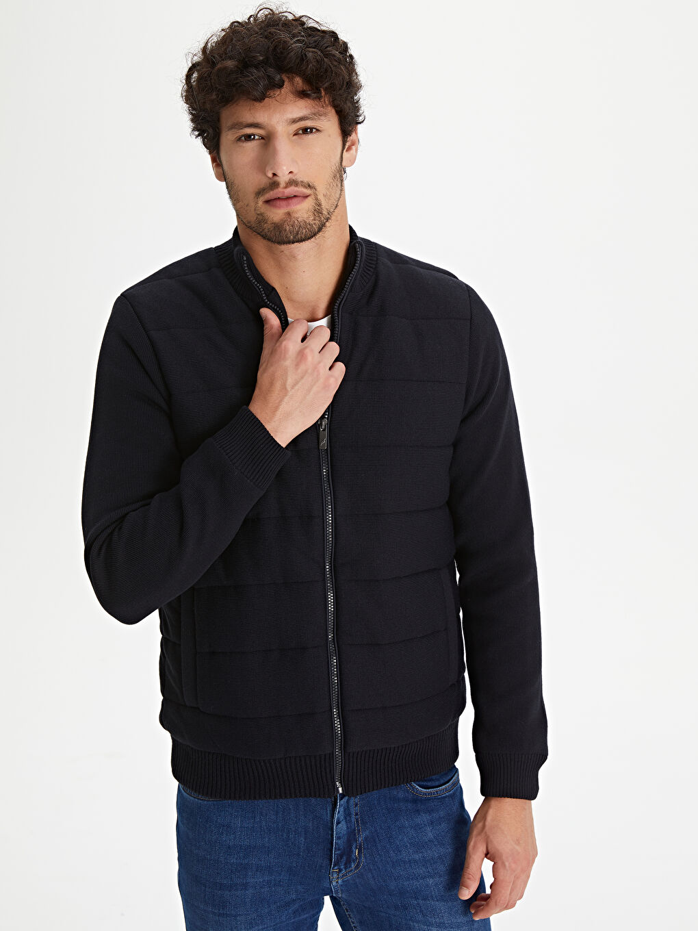 Lacivert Standart Kalıp Dik Yaka Erkek Triko Hırka-1