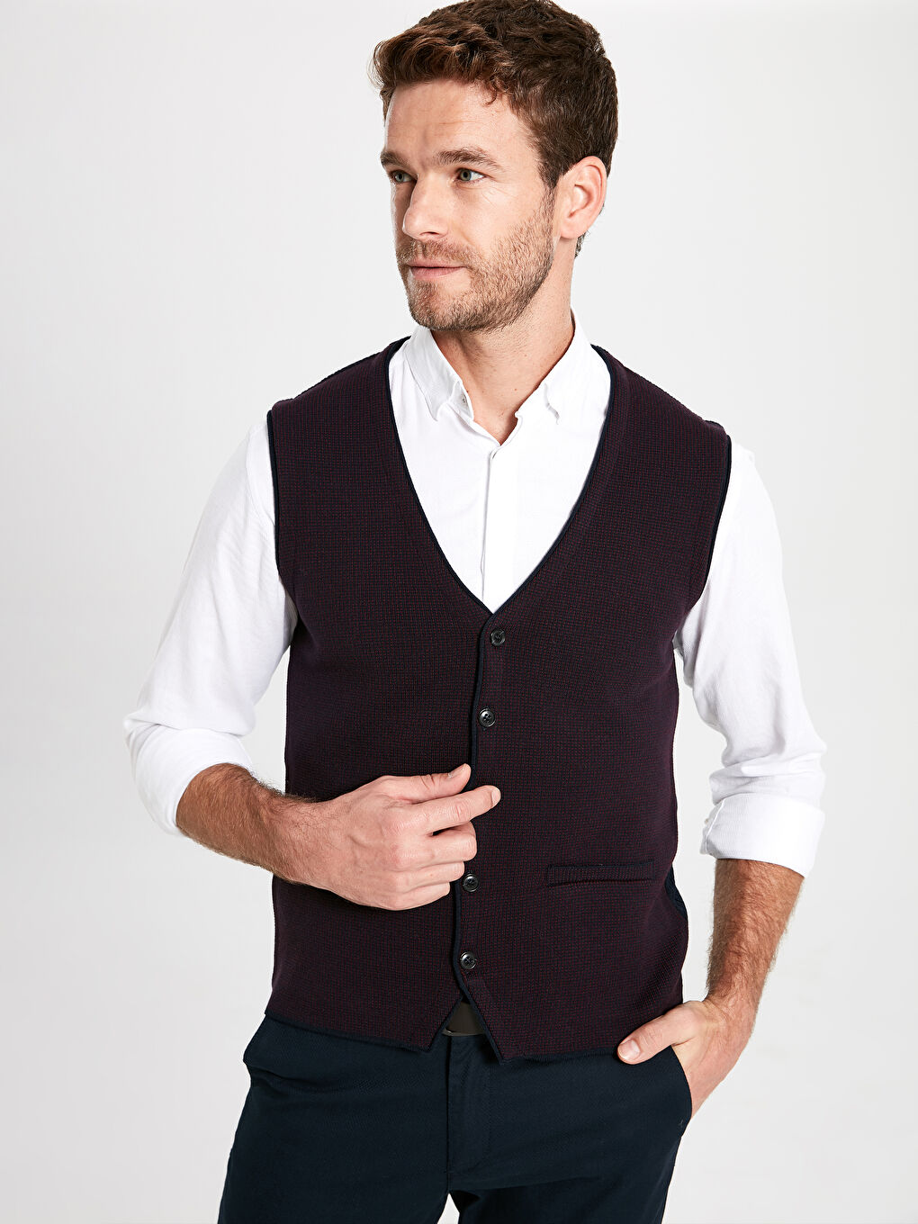 Bordo Standart Kalıp V Yaka Erkek Triko Yelek