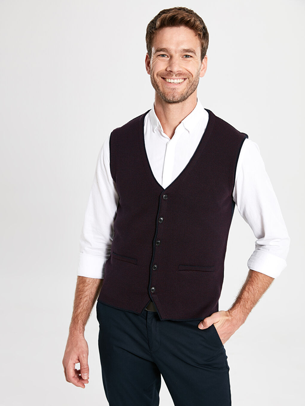 Bordo Standart Kalıp V Yaka Erkek Triko Yelek-3