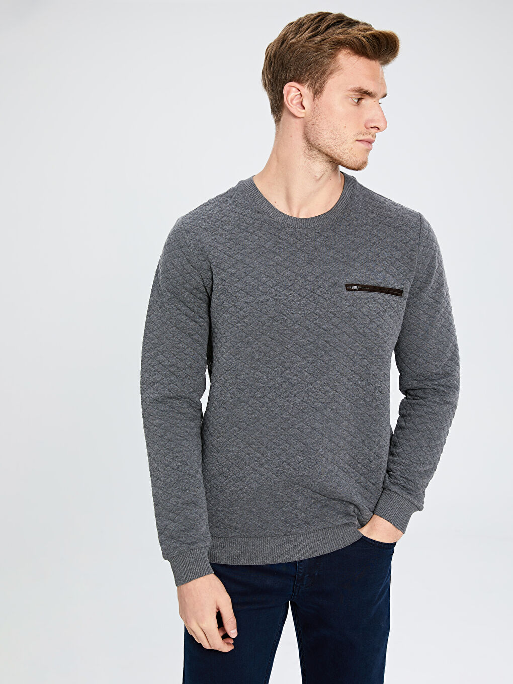 Gri Bisiklet Yaka Erkek Sweatshirt