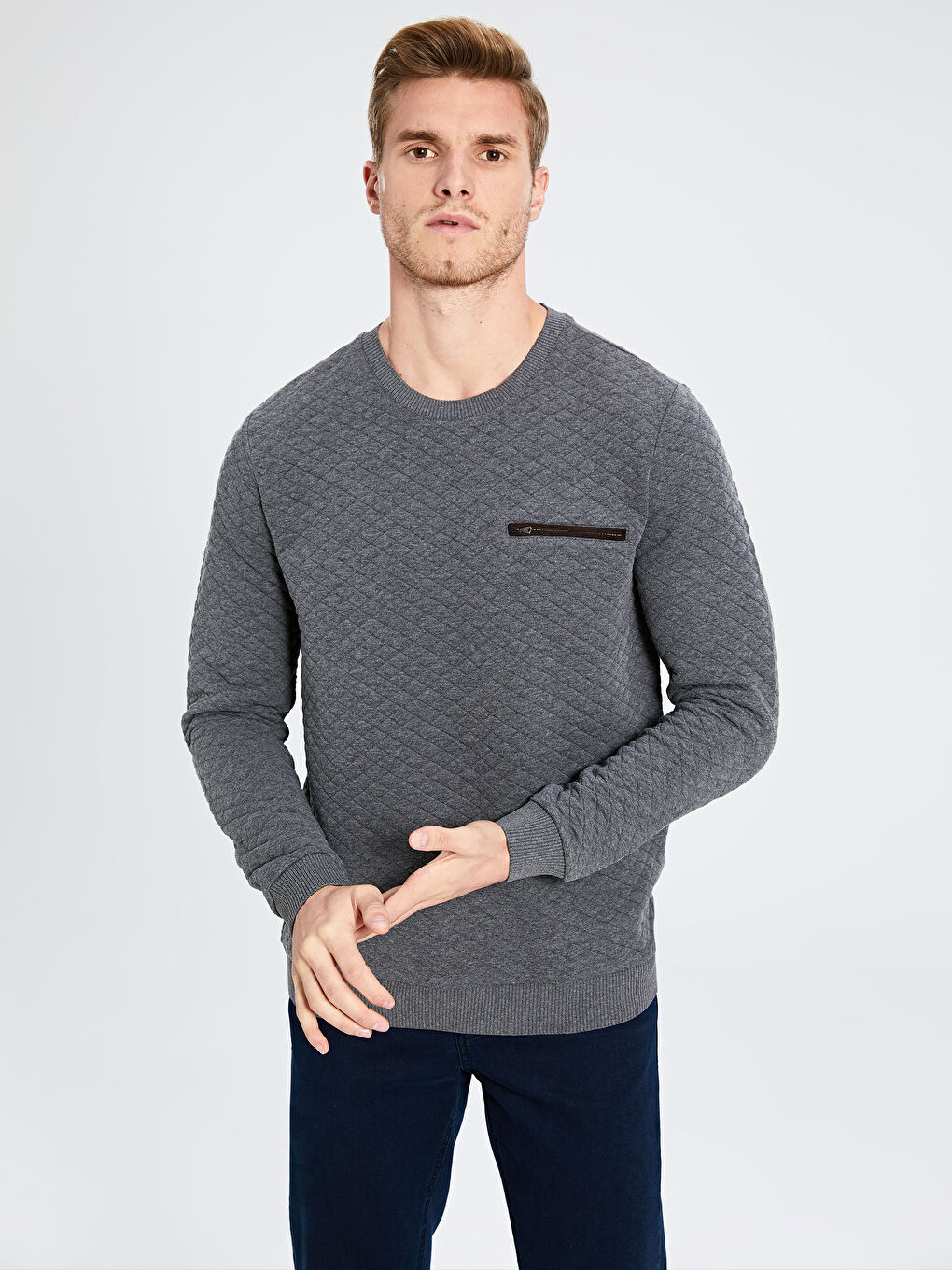 Gri Bisiklet Yaka Erkek Sweatshirt-1