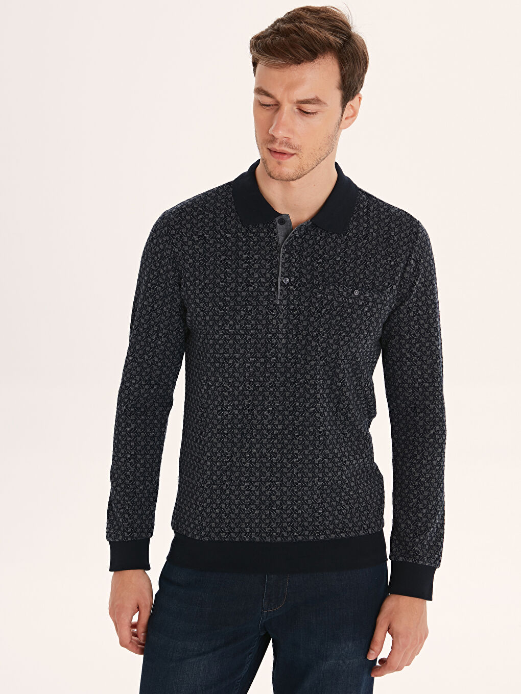 Men's Patterned Long Sleeve Polo Collar Sweatshirt
