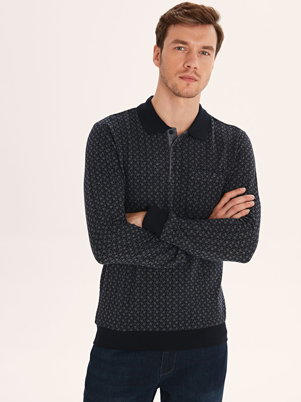Men's Patterned Long Sleeve Polo Collar Sweatshirt-1