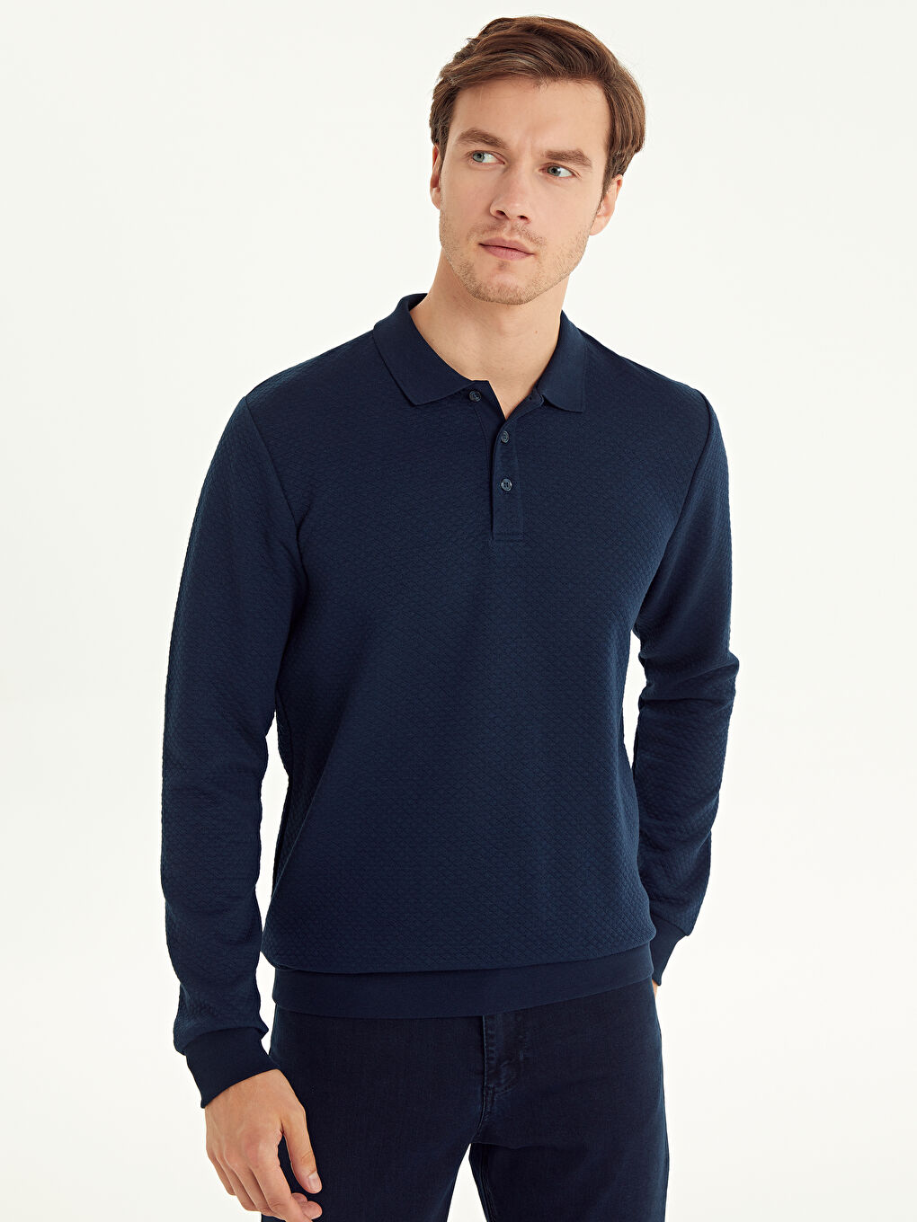 Lacivert Polo Yaka Uzun Kollu Erkek Tişört-2