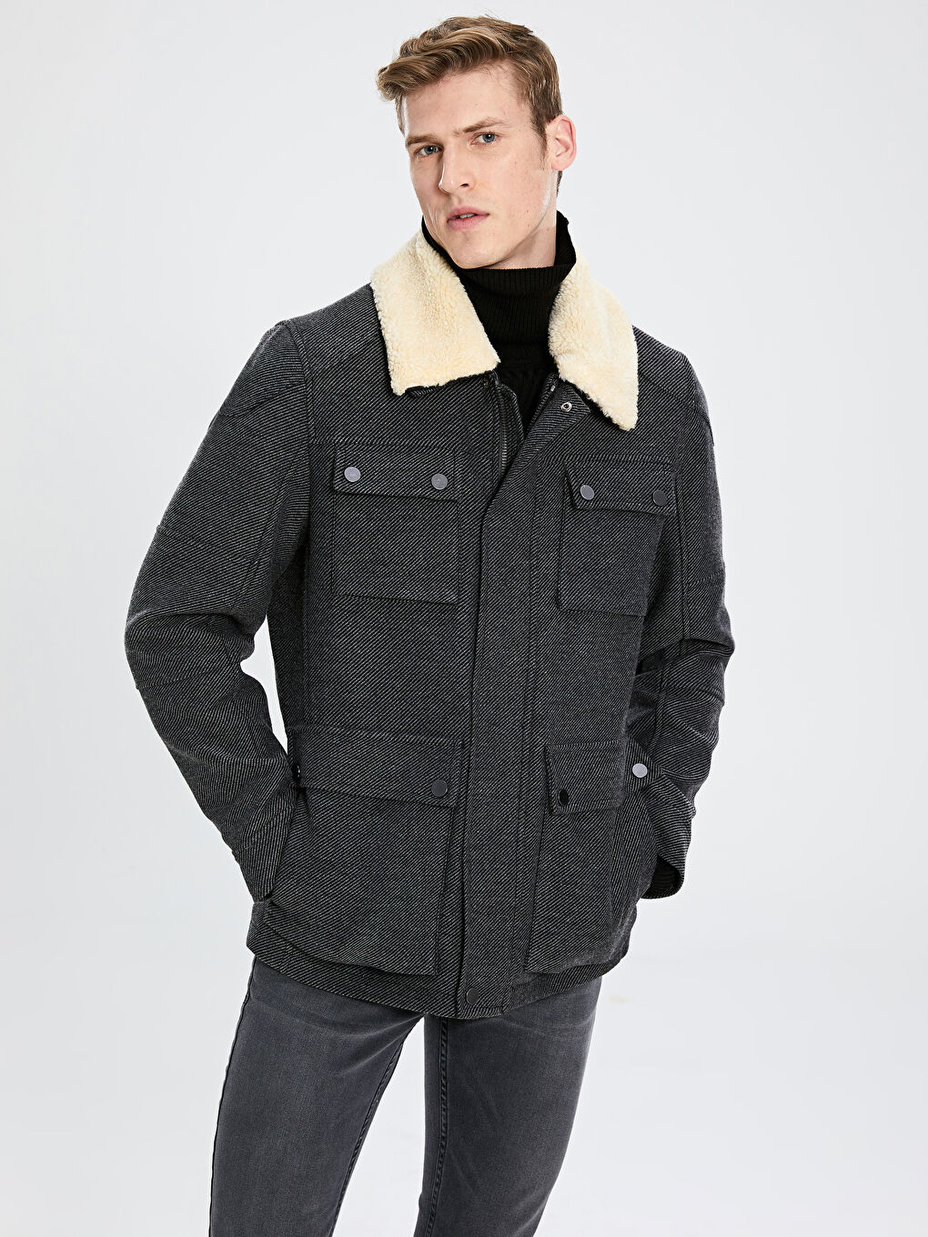 Antrasit Slim Fit Kürk Yaka Kalın Kaban