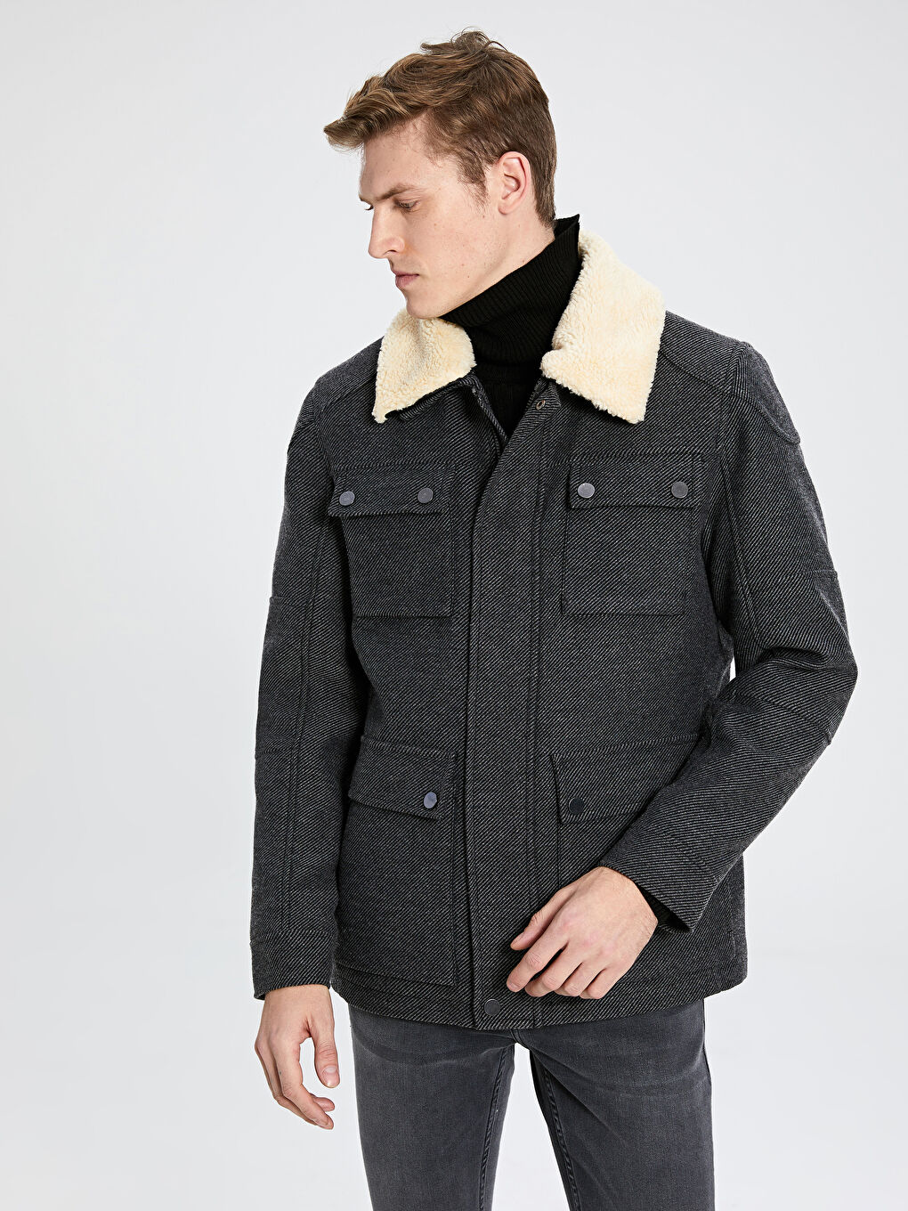 Antrasit Slim Fit Kürk Yaka Kalın Kaban-1