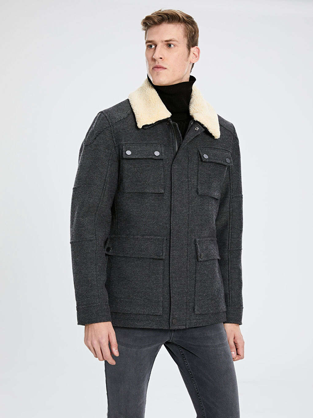 Antrasit Slim Fit Kürk Yaka Kalın Kaban-2