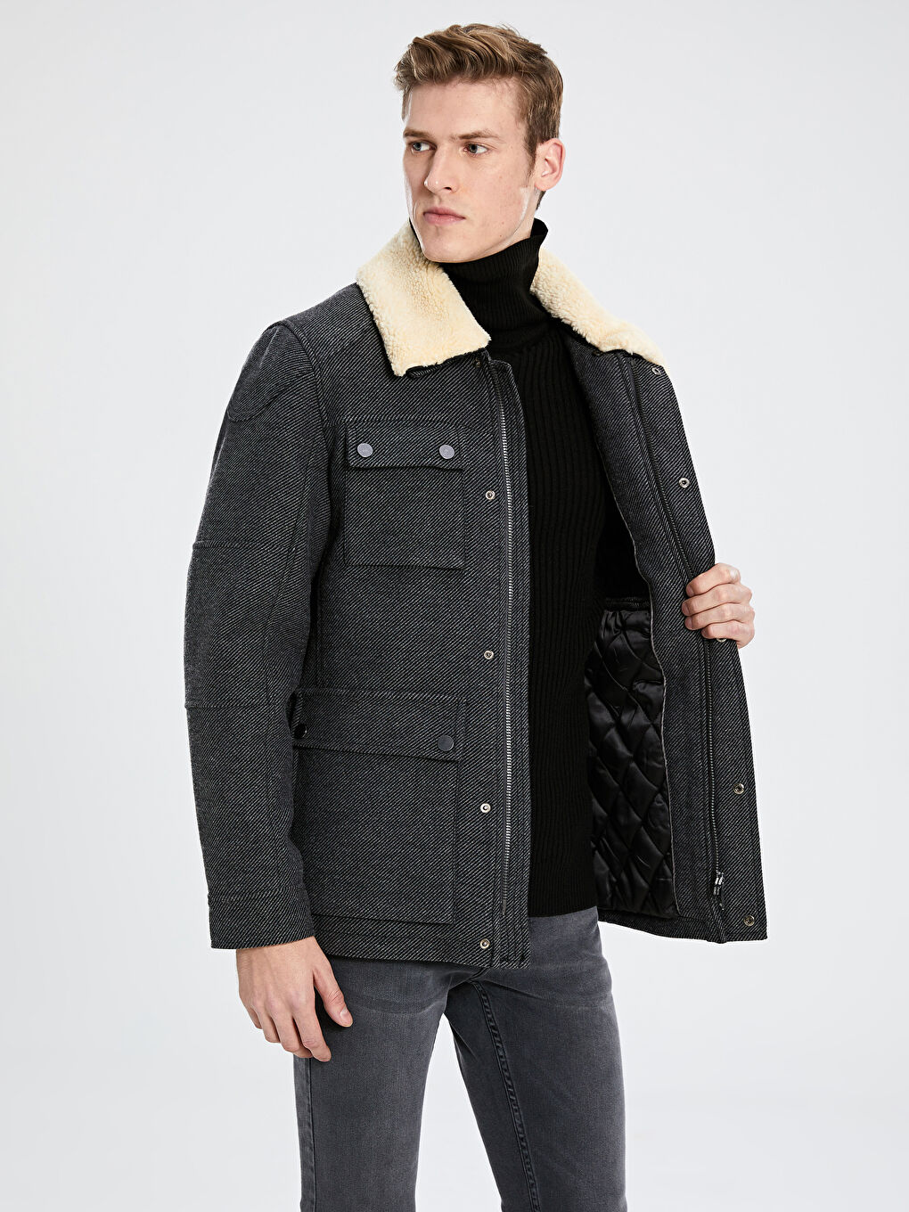 Antrasit Slim Fit Kürk Yaka Kalın Kaban-3