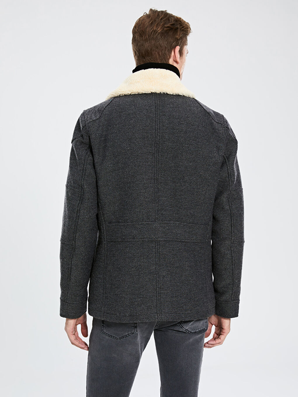 Antrasit Slim Fit Kürk Yaka Kalın Kaban-5