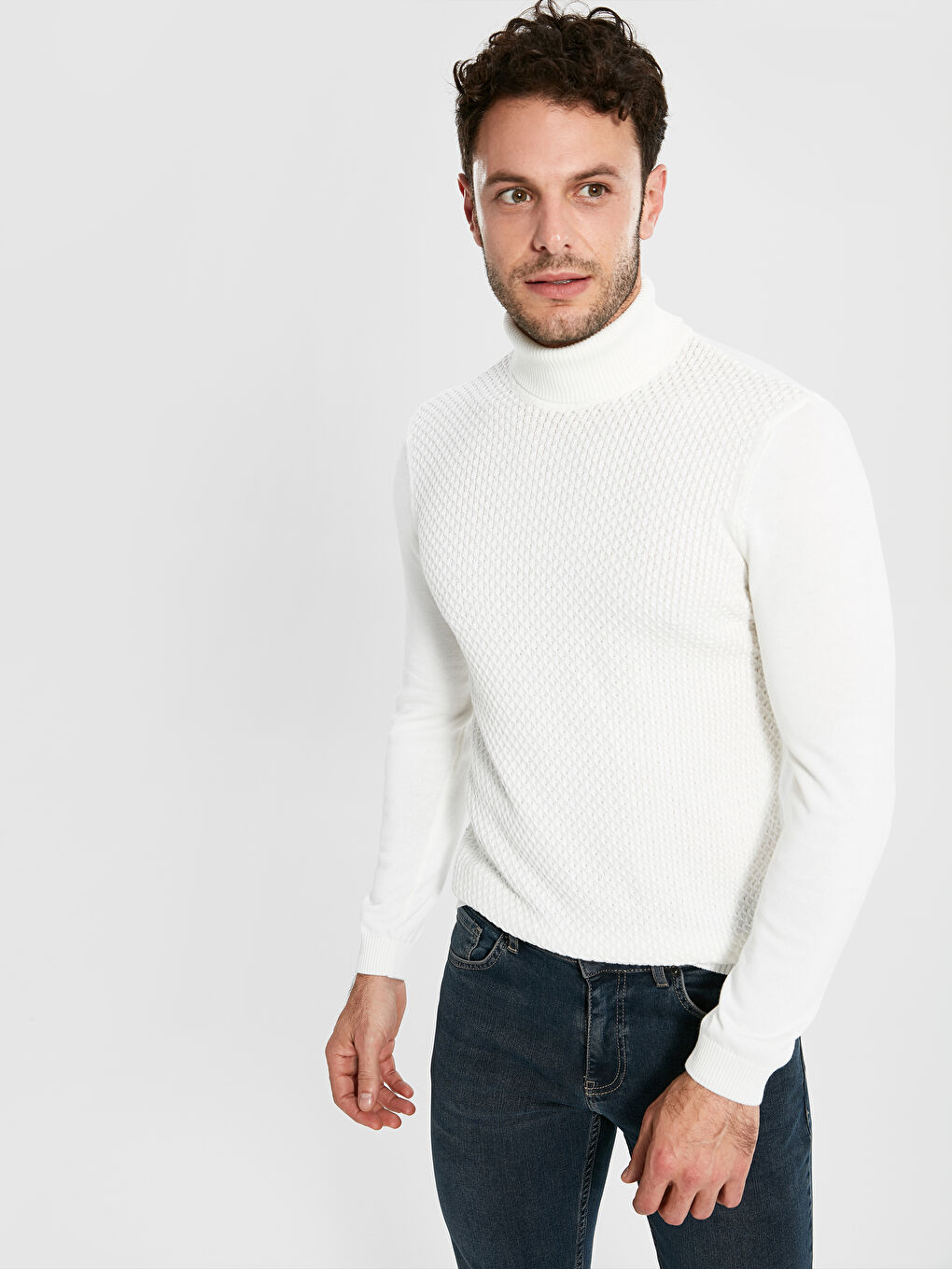 Ekru Balıkçı Yaka Erkek Triko Kazak