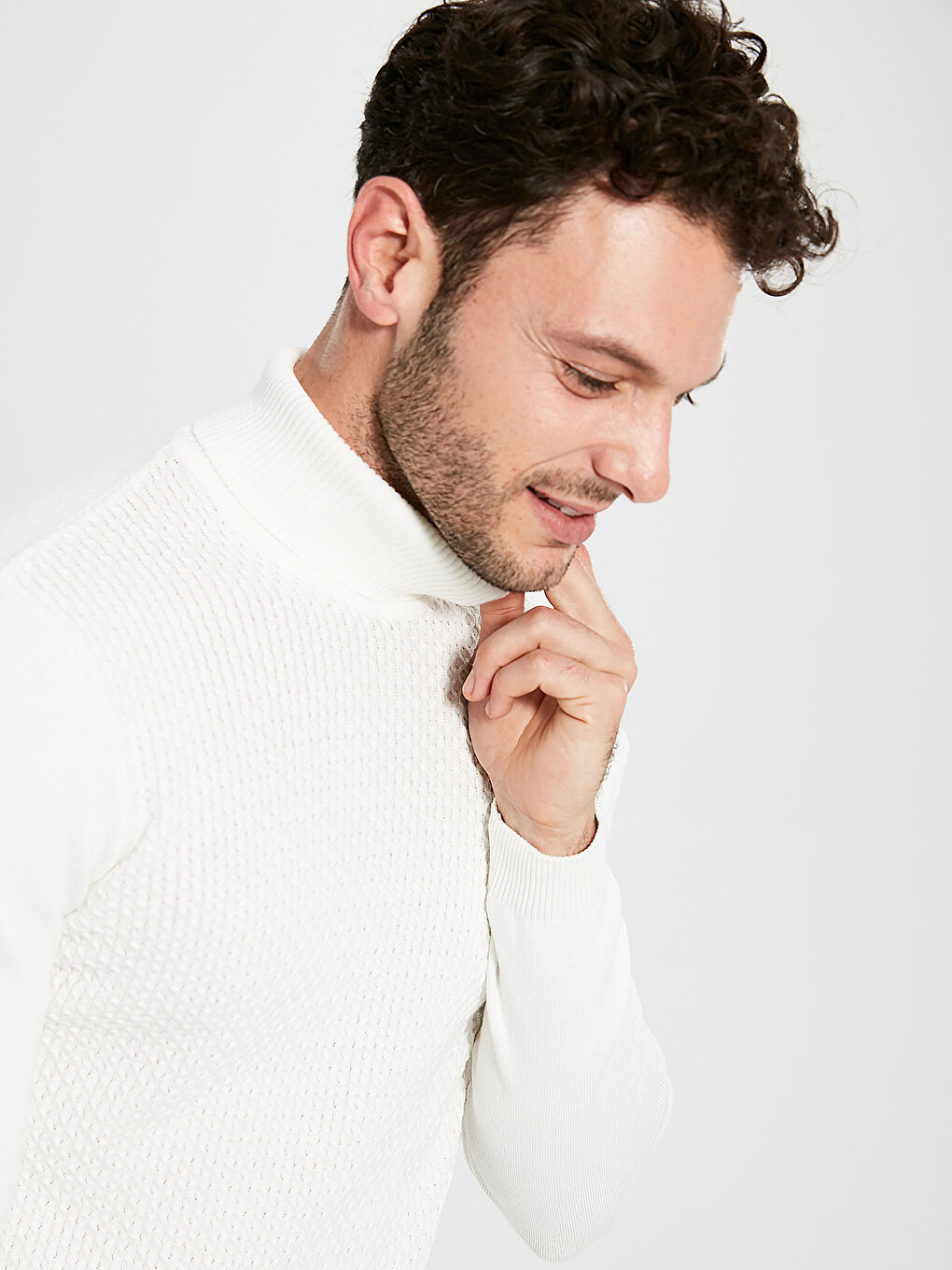 Ekru Balıkçı Yaka Erkek Triko Kazak-1