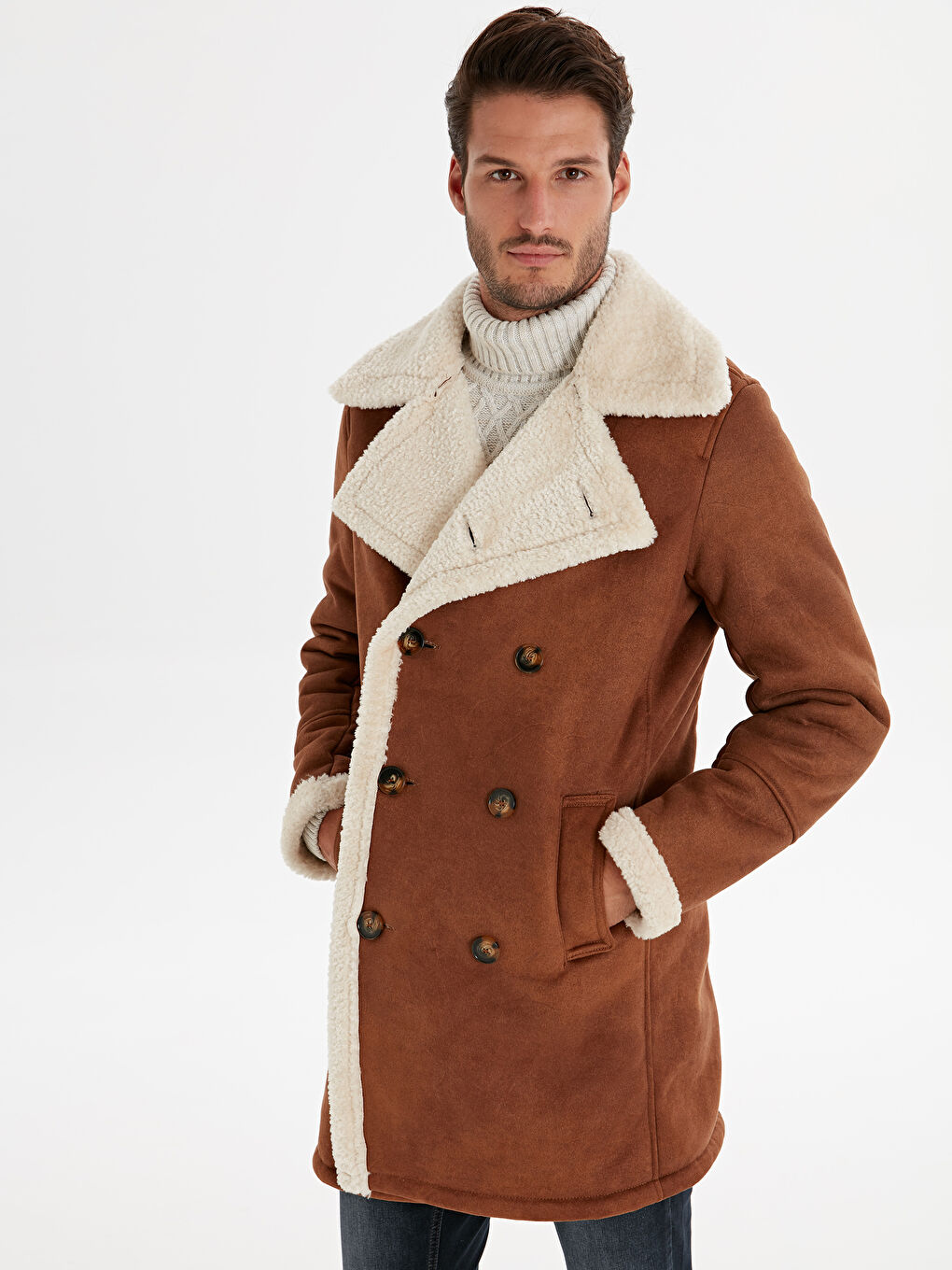 Kahverengi Standart Kalıp Erkek Deri Görünümlü Mont