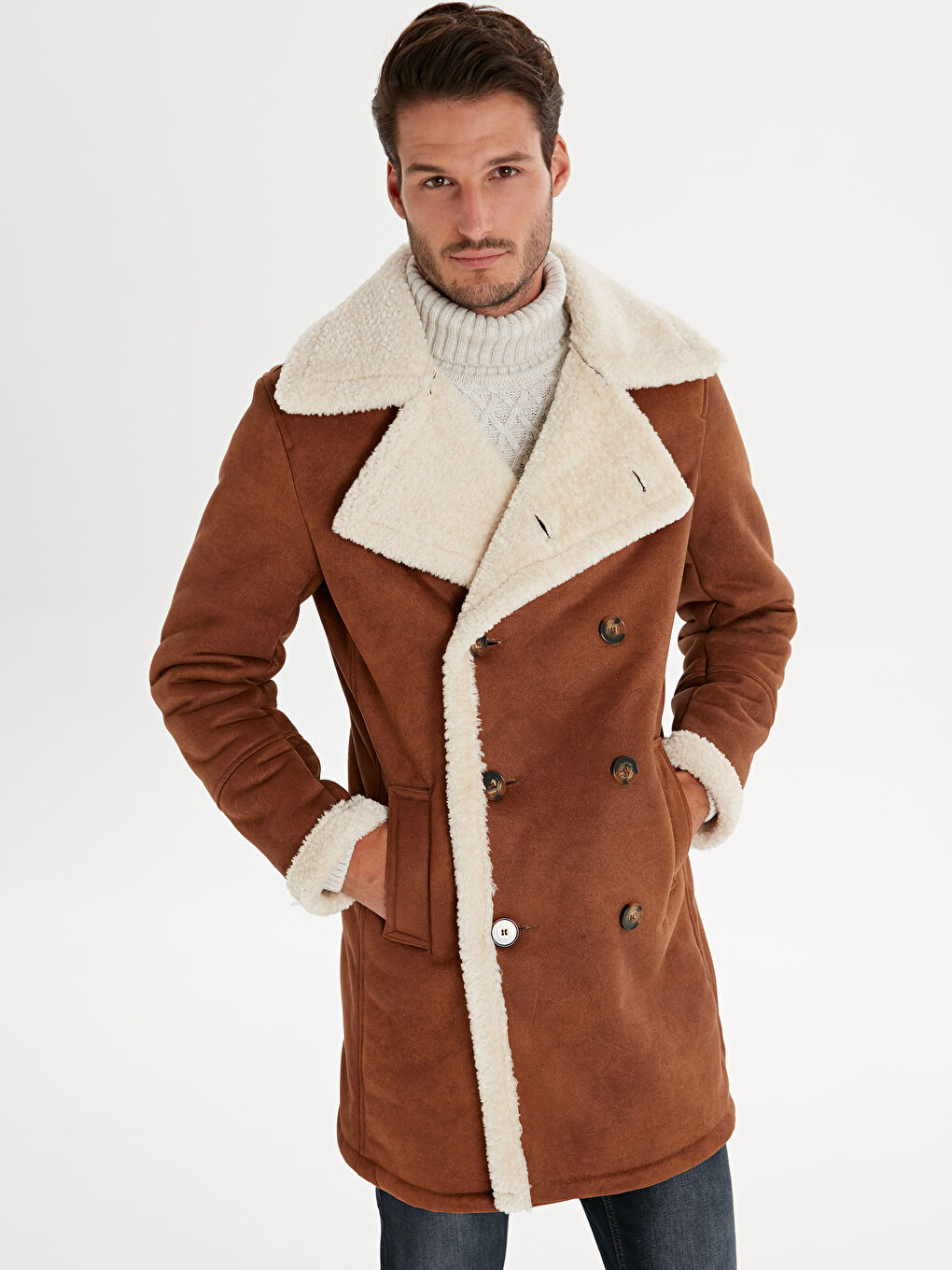 Kahverengi Standart Kalıp Erkek Deri Görünümlü Mont-1