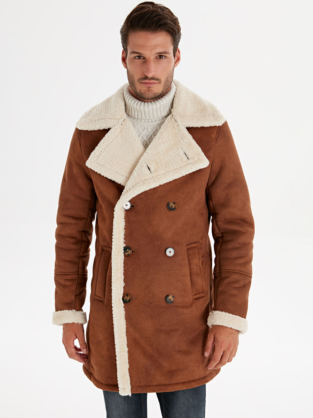 Kahverengi Standart Kalıp Erkek Deri Görünümlü Mont-2