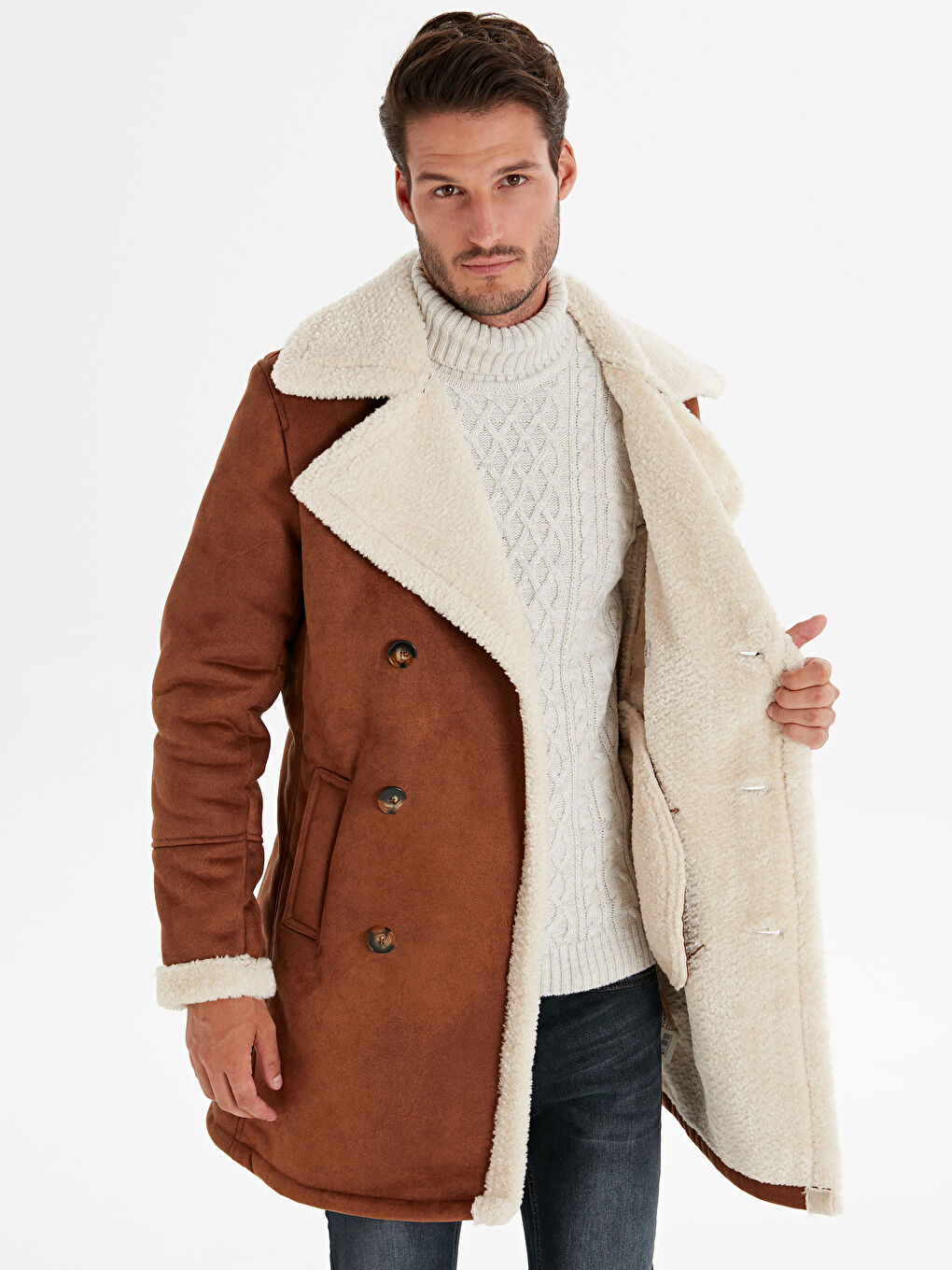 Kahverengi Standart Kalıp Erkek Deri Görünümlü Mont-3