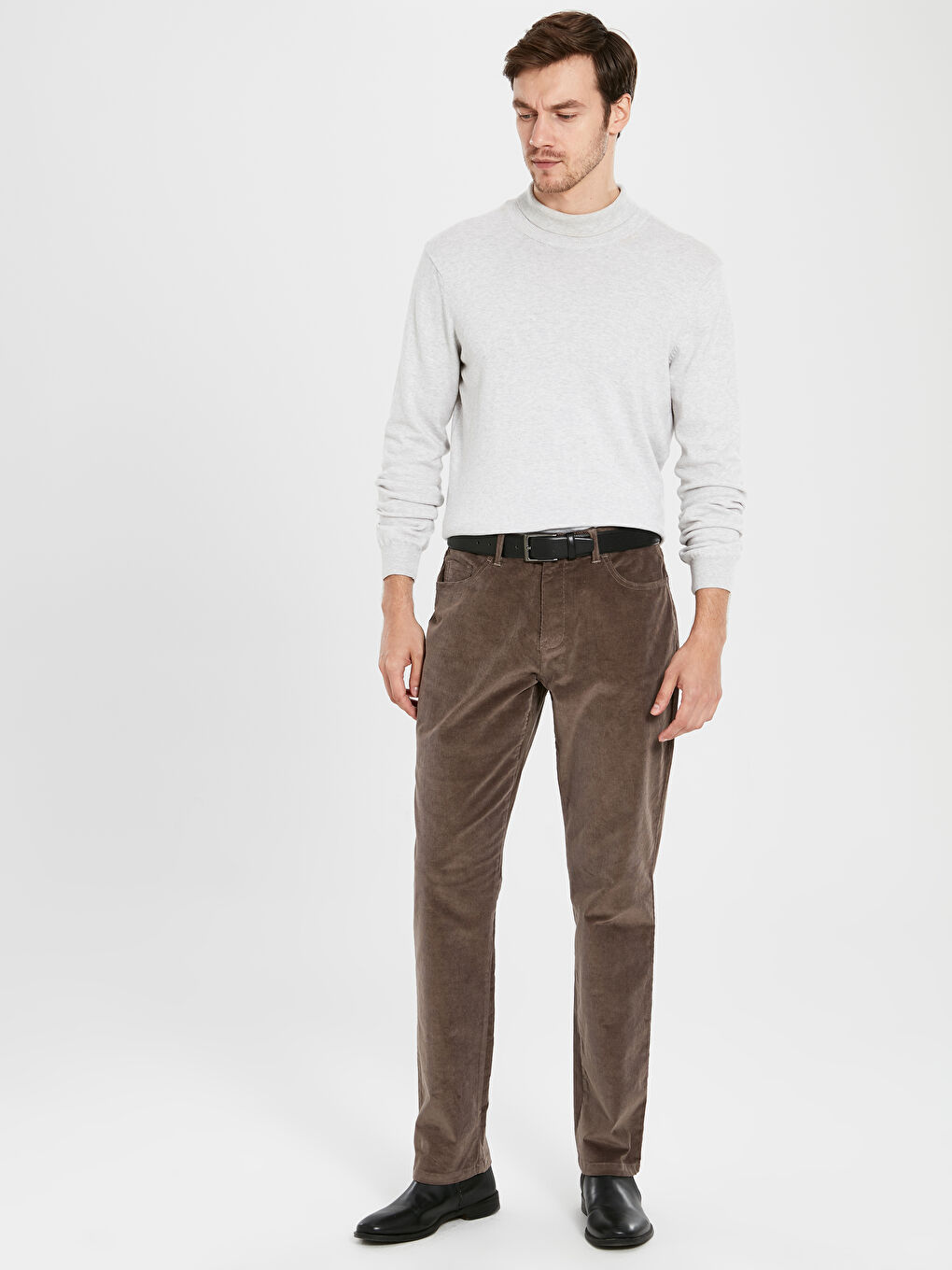 Kahverengi Standart Kalıp Kadife Erkek Pantolon-1