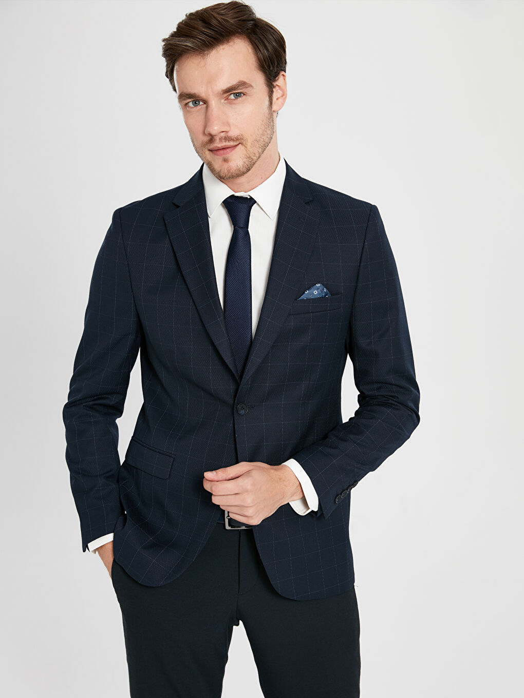 Lacivert Ekoseli Blazer Ceket