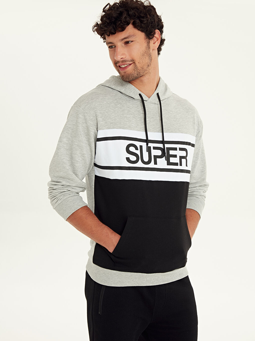 Gri Uzun Kollu Baskılı Erkek Hoodie-1