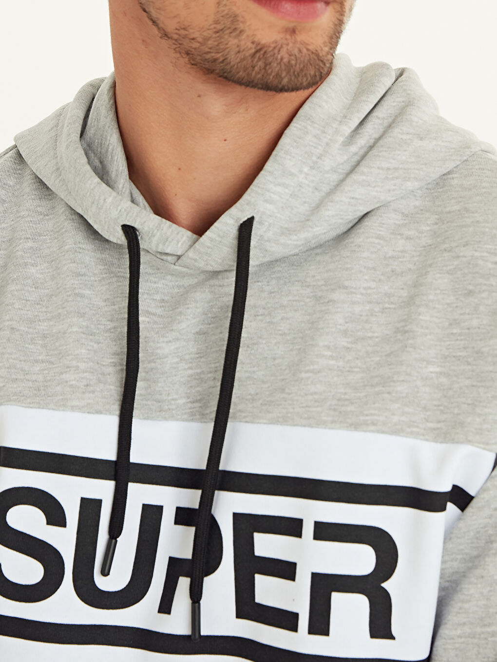 Gri Uzun Kollu Baskılı Erkek Hoodie-3