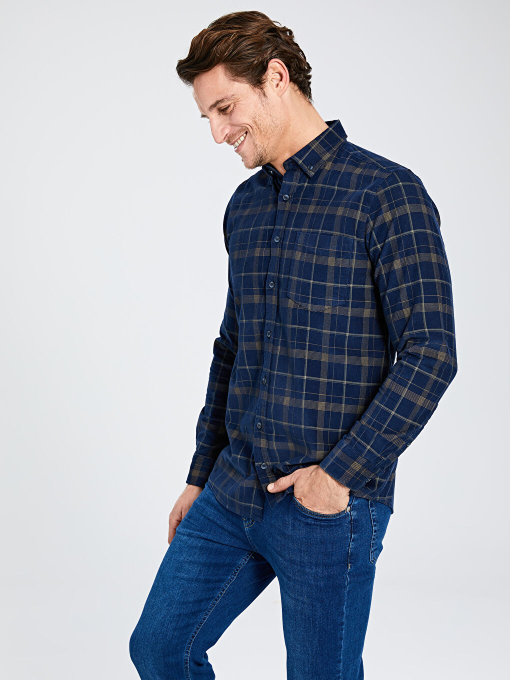 قميص رجالي كم طويل قطيفة عادي-1