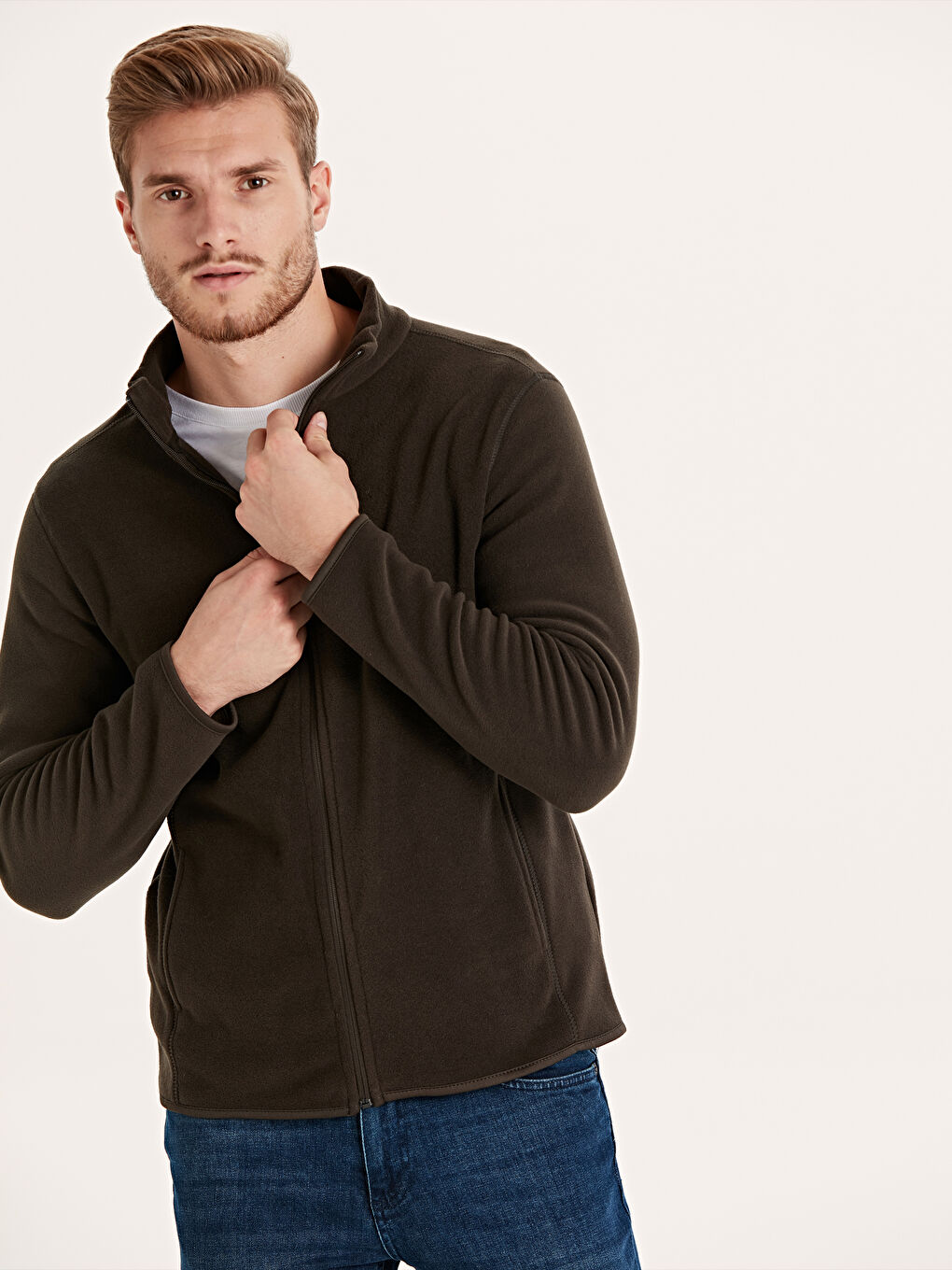 سويت شيرت بسحاب كاكي رجال