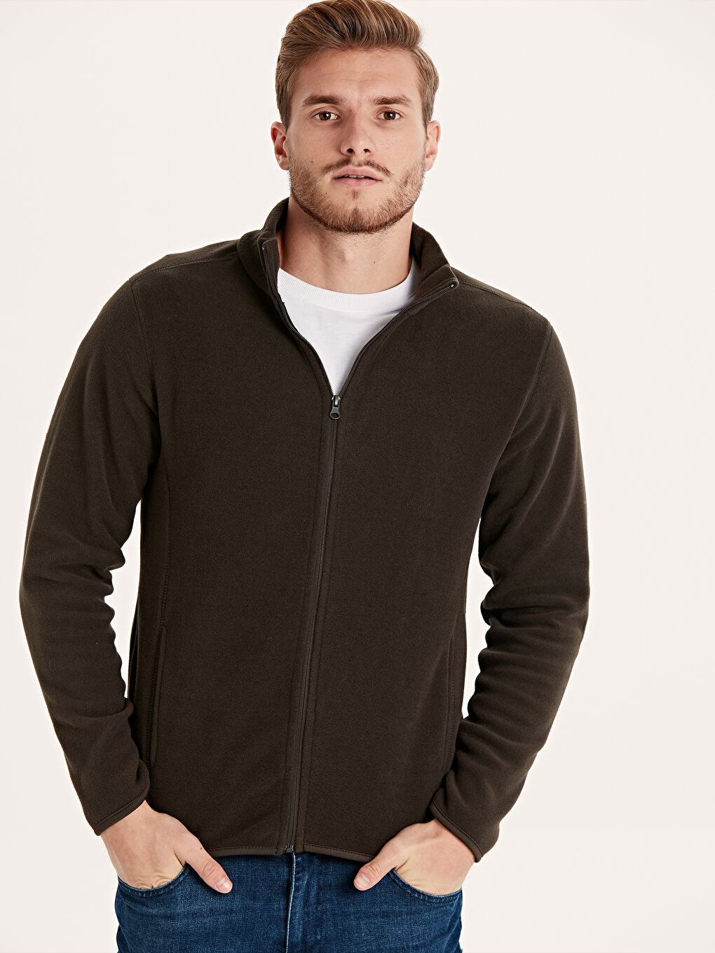 سويت شيرت بسحاب كاكي رجال-1