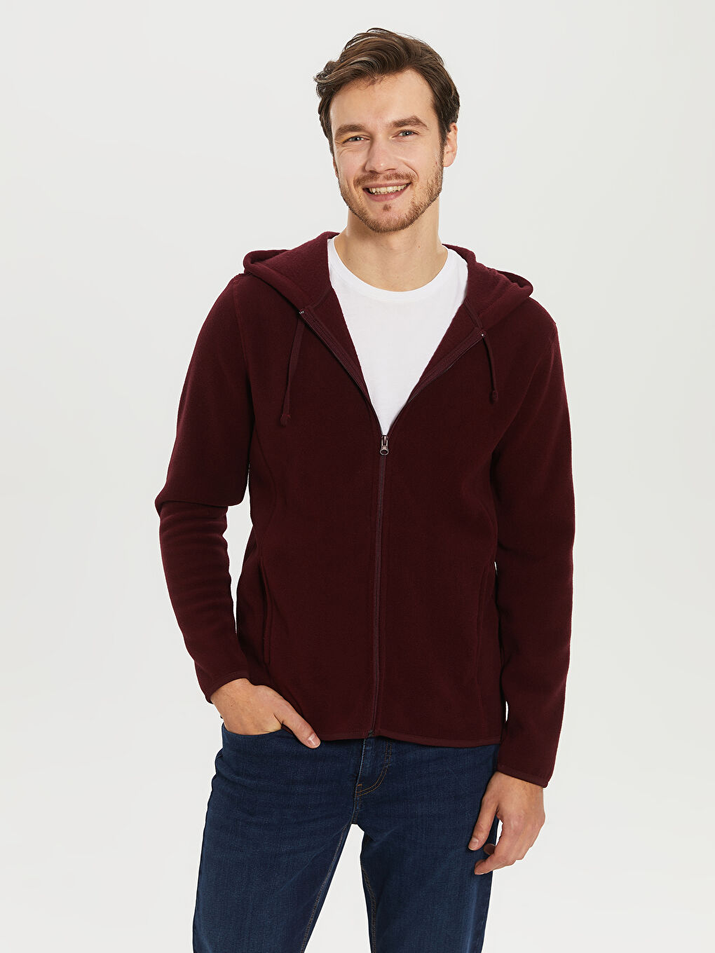 Mürdüm Rahat Kalıp Kapüşonlu Kalın Erkek Polar Hırka