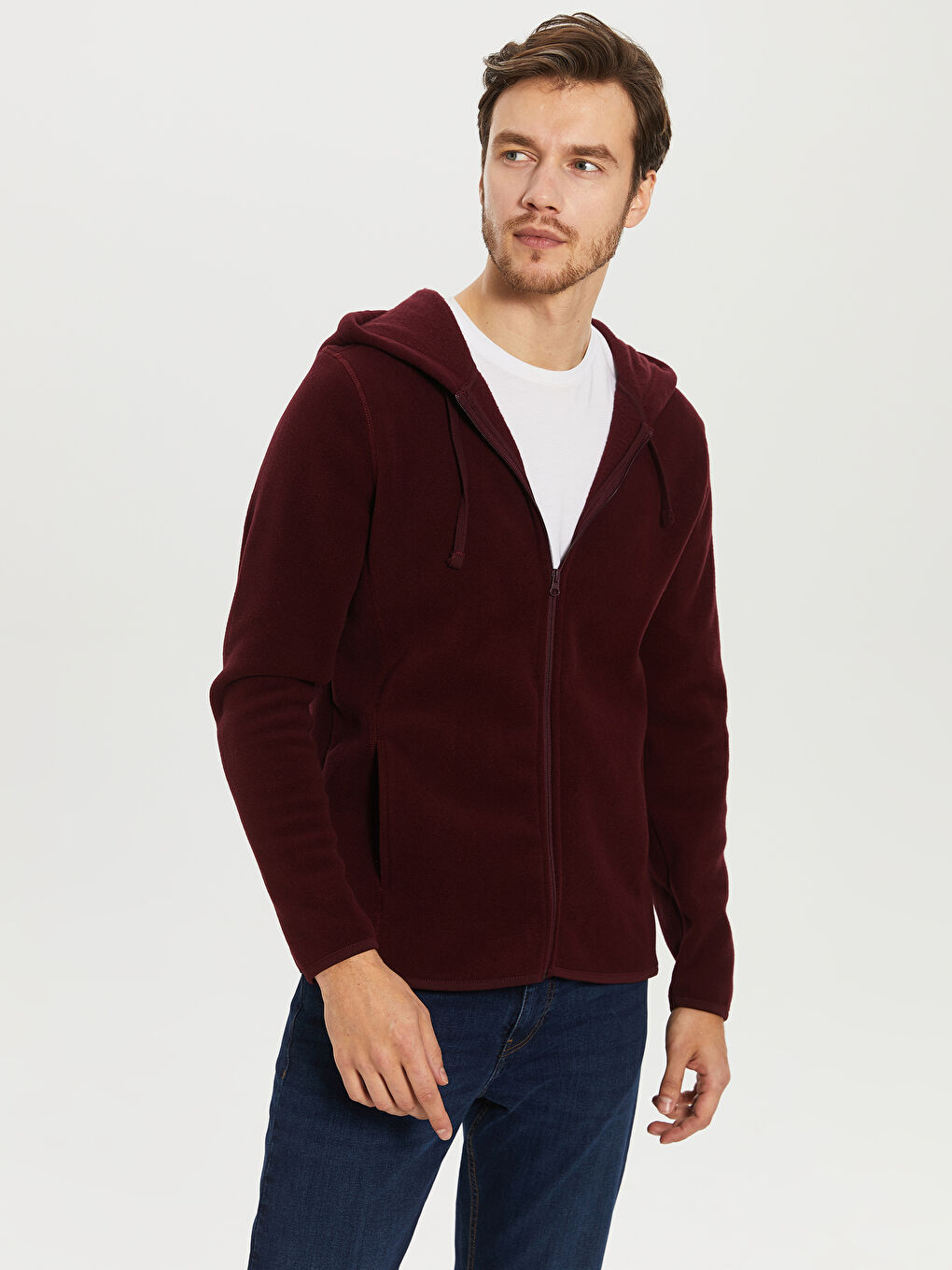 Mürdüm Rahat Kalıp Kapüşonlu Kalın Erkek Polar Hırka-2