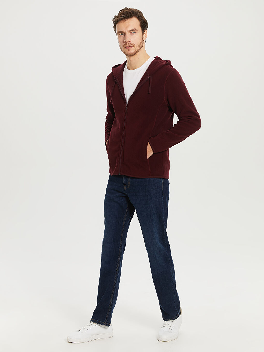 Mürdüm Rahat Kalıp Kapüşonlu Kalın Erkek Polar Hırka-4