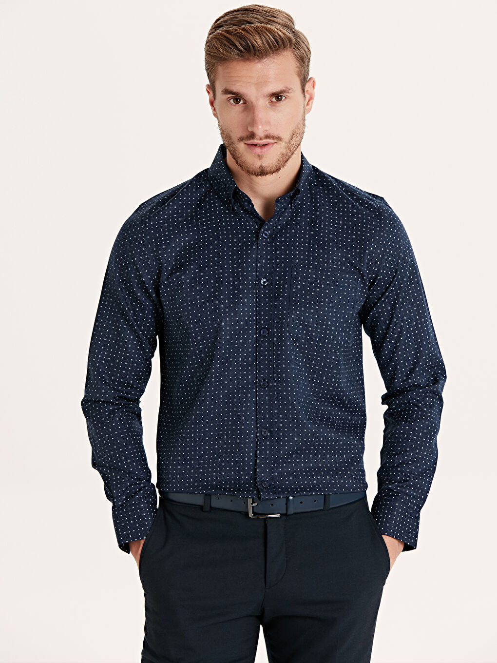 Lacivert Gabardin Erkek Gömlek-1