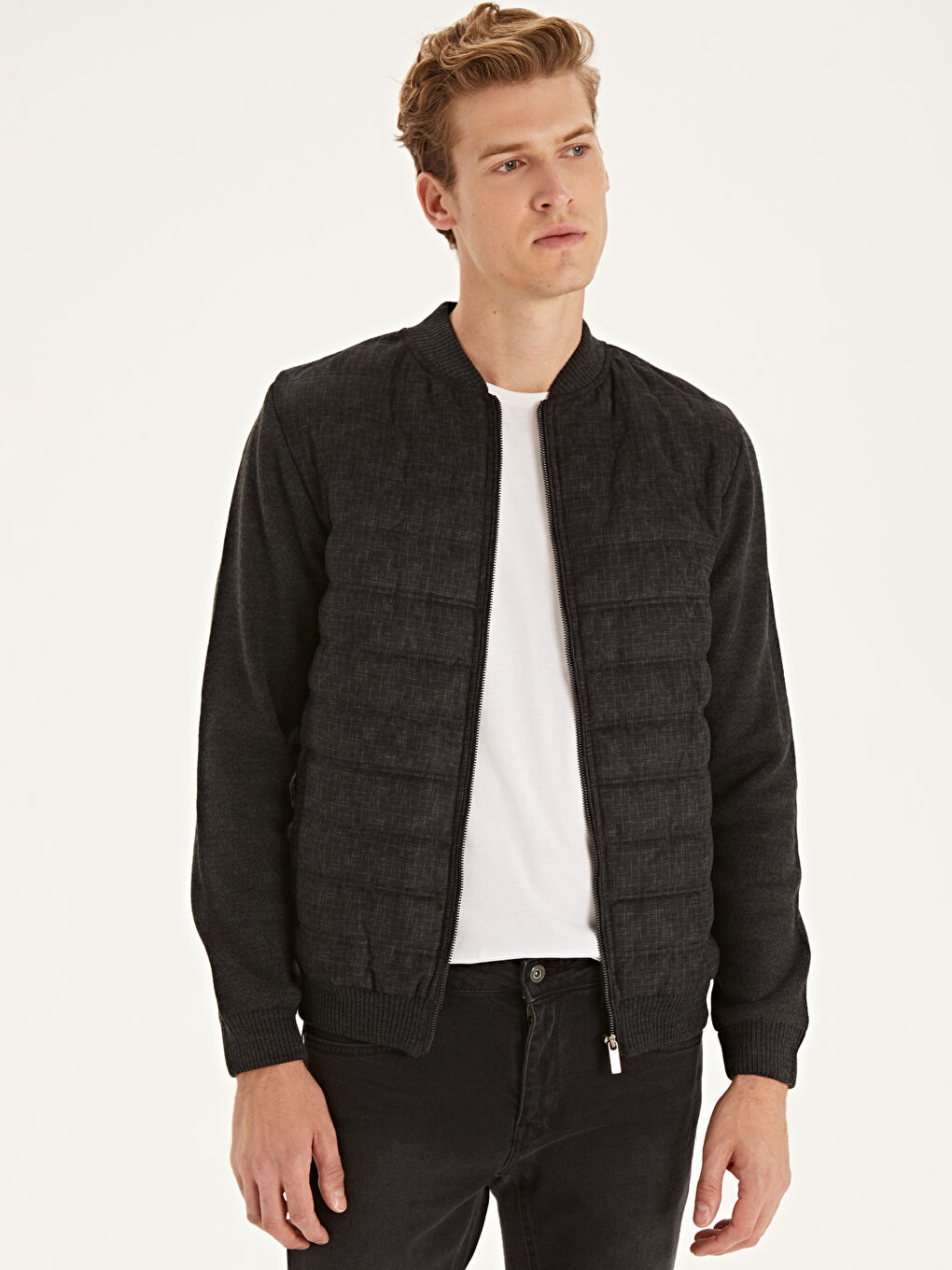 Antrasit Slim Fit Kolej Yaka Bomber İnce Erkek Mont-1