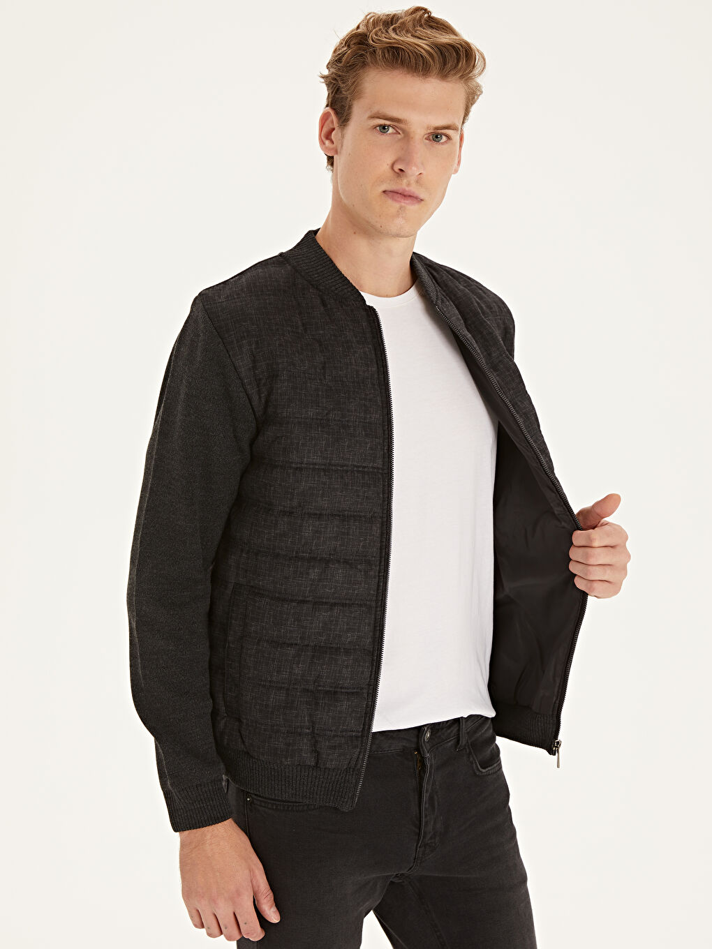 Antrasit Slim Fit Kolej Yaka Bomber İnce Erkek Mont-2