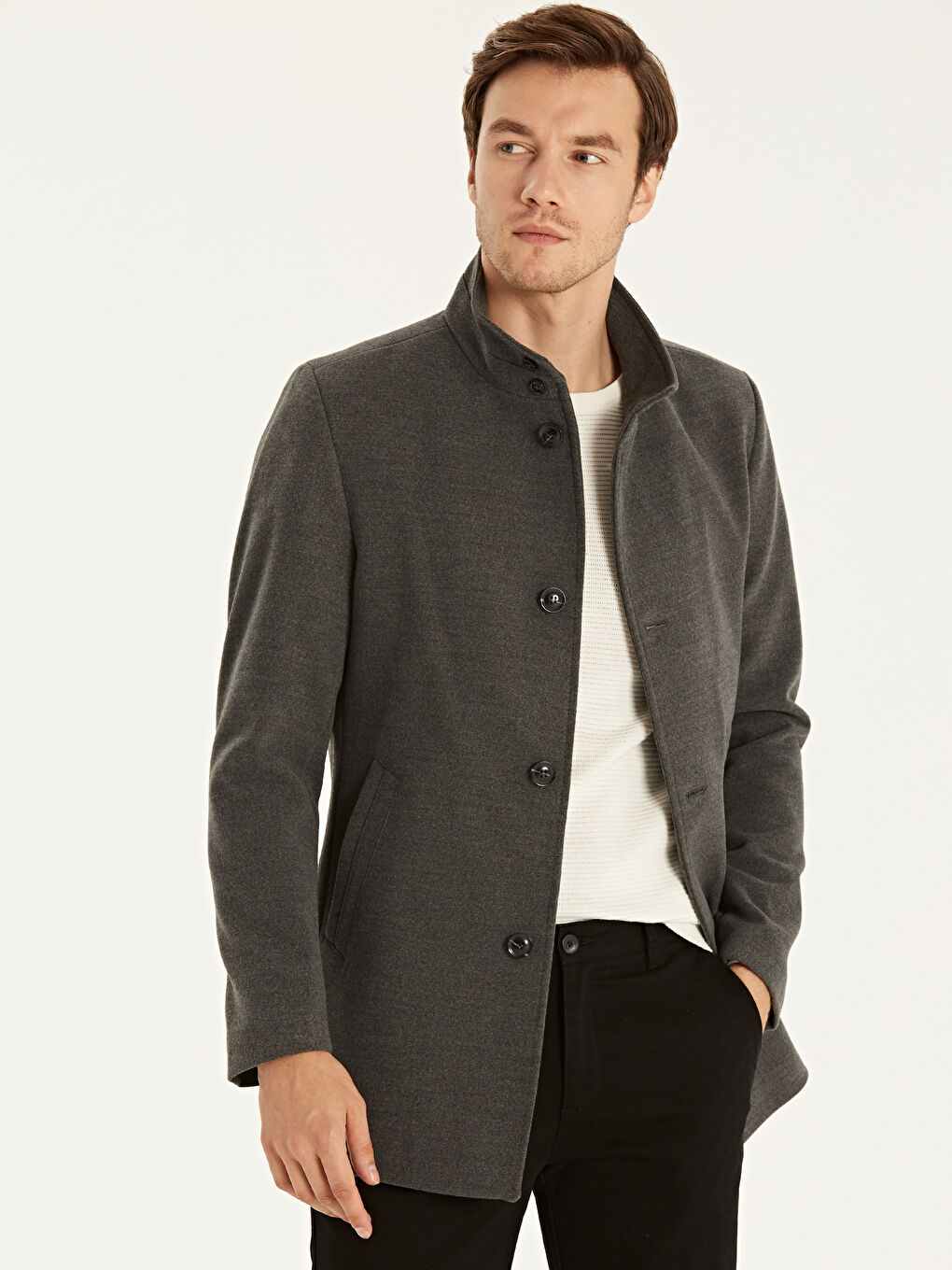 Gri Dik Yaka Erkek Kaşe Kaban