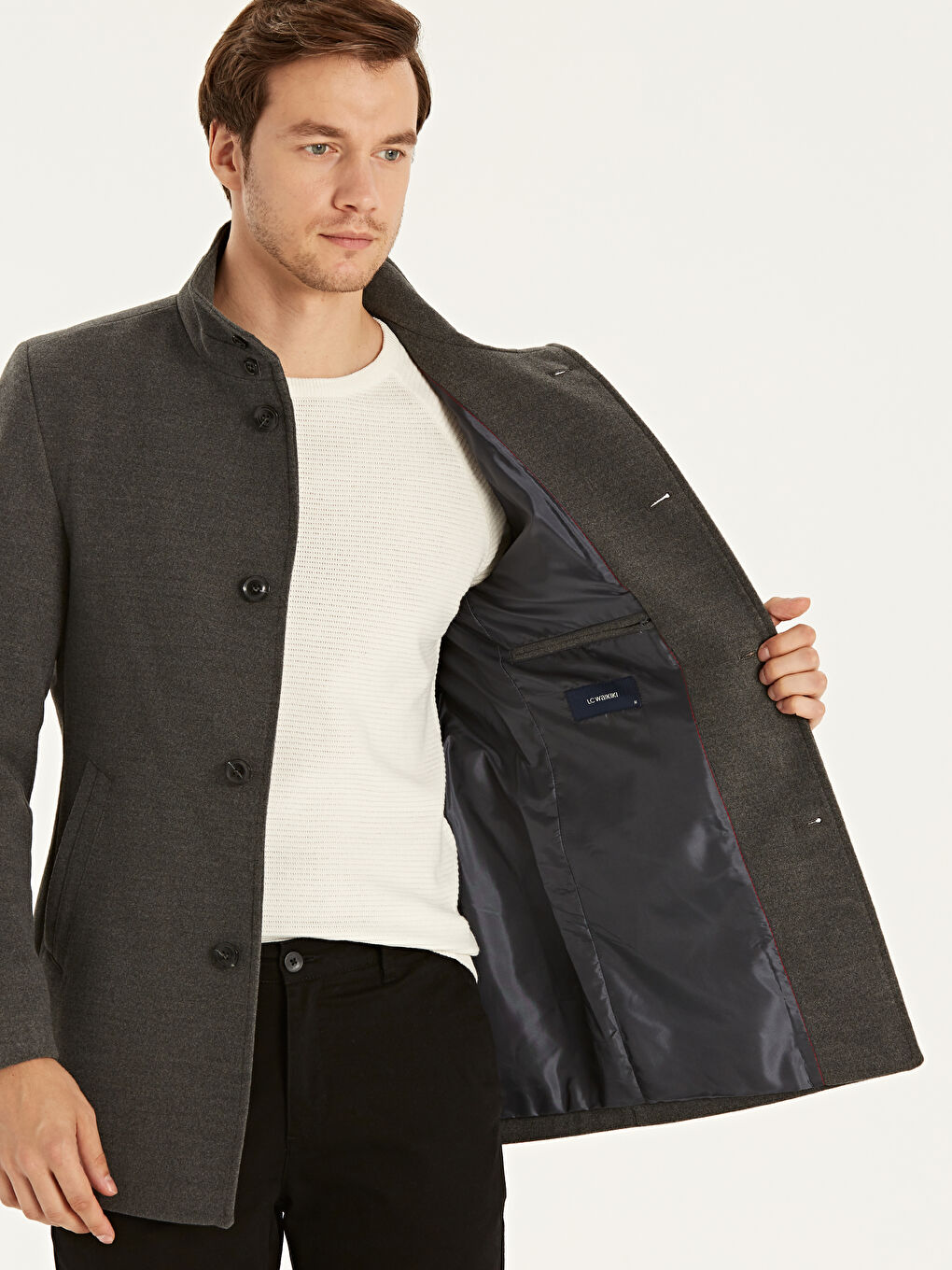 Gri Dik Yaka Erkek Kaşe Kaban-2