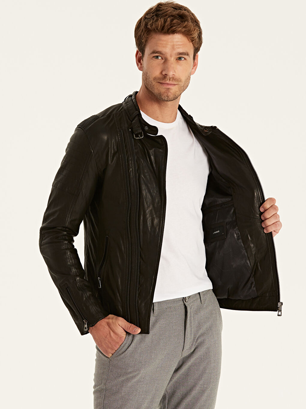 Siyah Dik Yaka Erkek Deri Mont-2