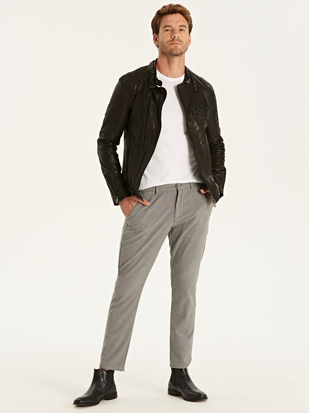 Siyah Dik Yaka Erkek Deri Mont-4