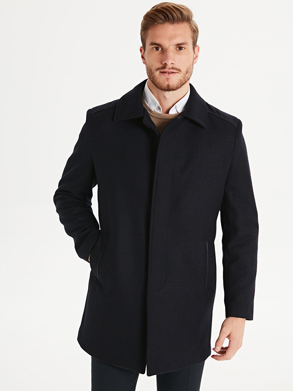 Koyu Lacivert Kaşe Kaban